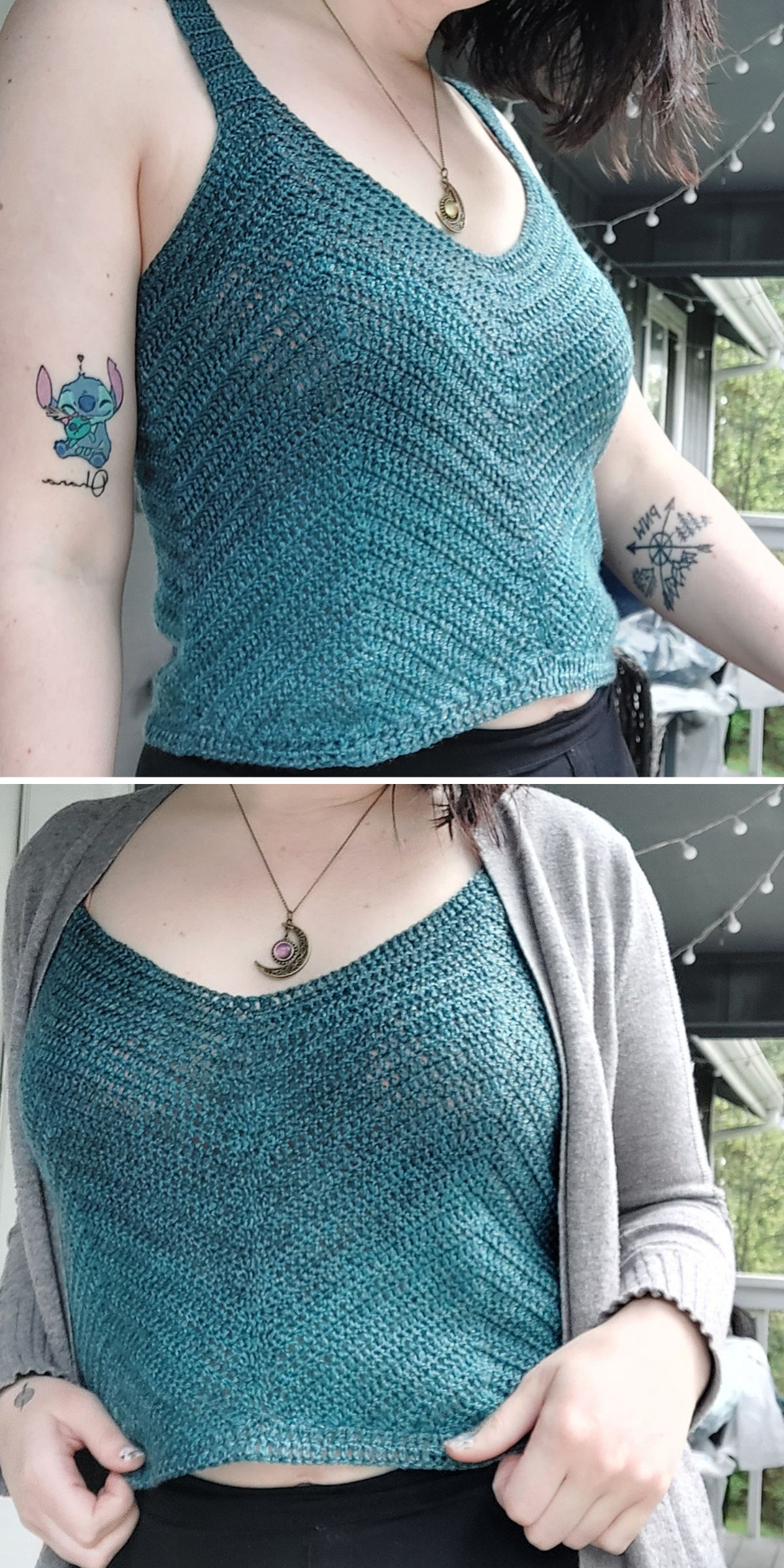 A person wears a teal crochet tank top, showing a Stitch tattoo on one arm. In the second image, they add a gray cardigan over the same top.