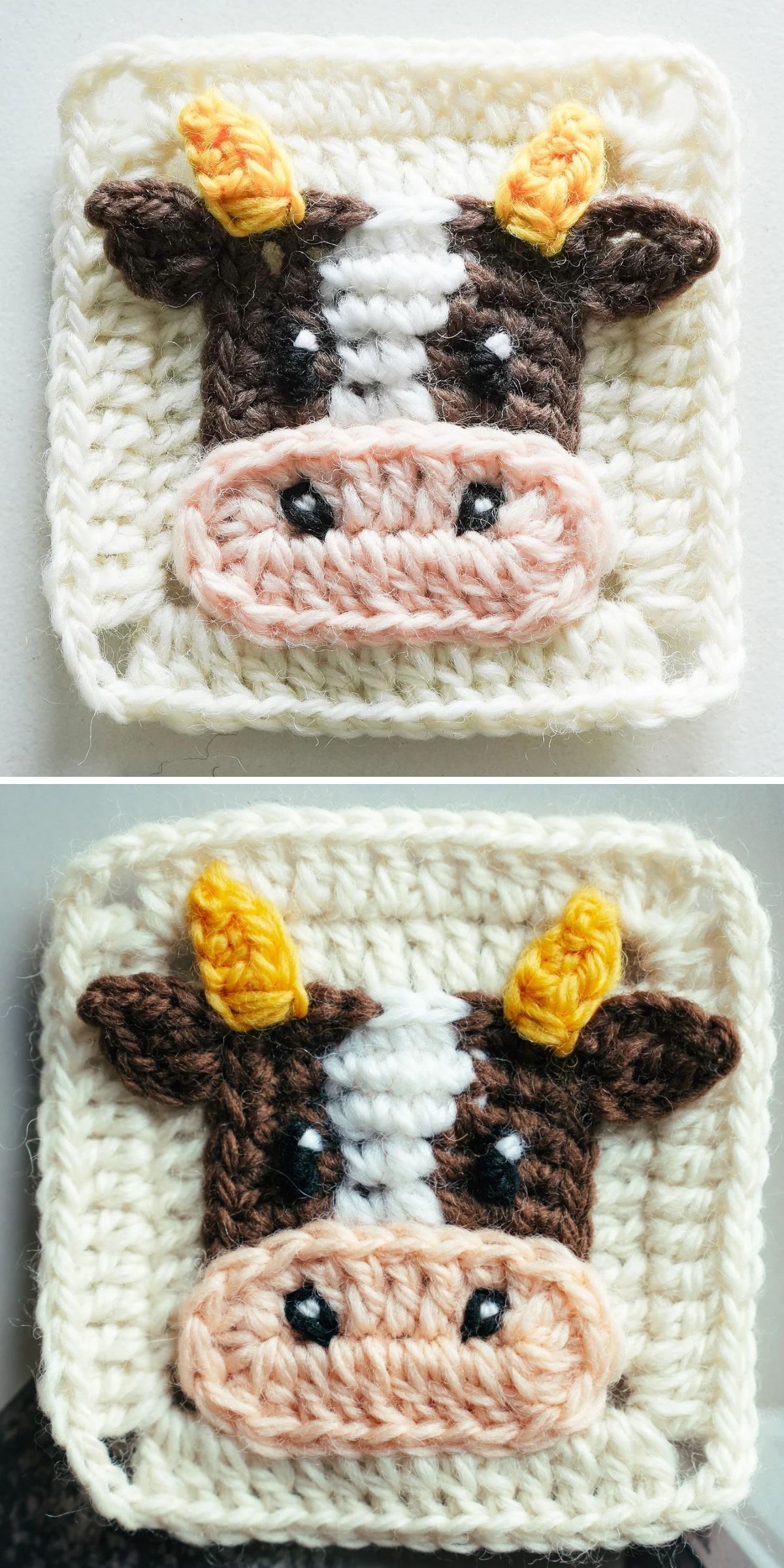 Two photos of a crochet cow square featuring a brown and white cow face with yellow horns on a white background.