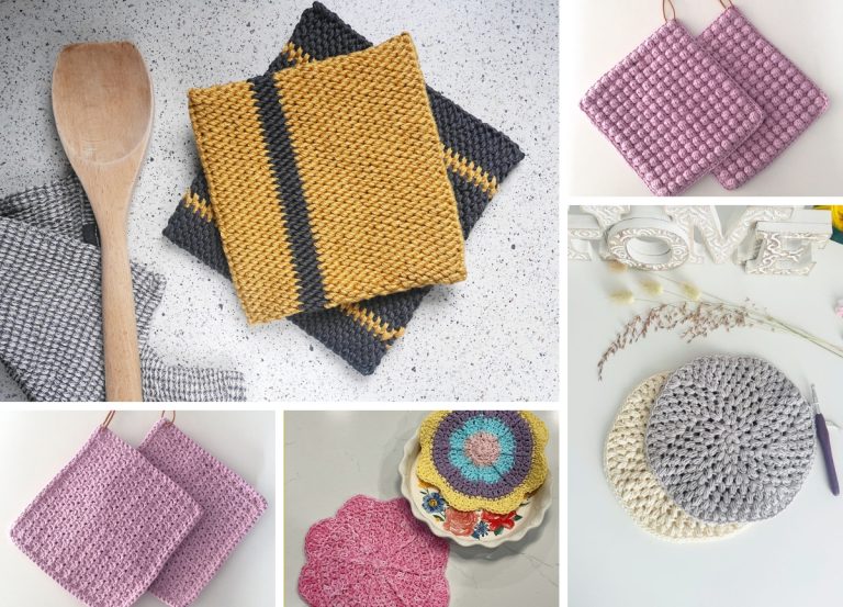 A collage of various handmade potholders in different colors and patterns, featuring unique Crochet Hot Pad Patterns, is shown next to kitchen items like a wooden spoon and decorative dishware.