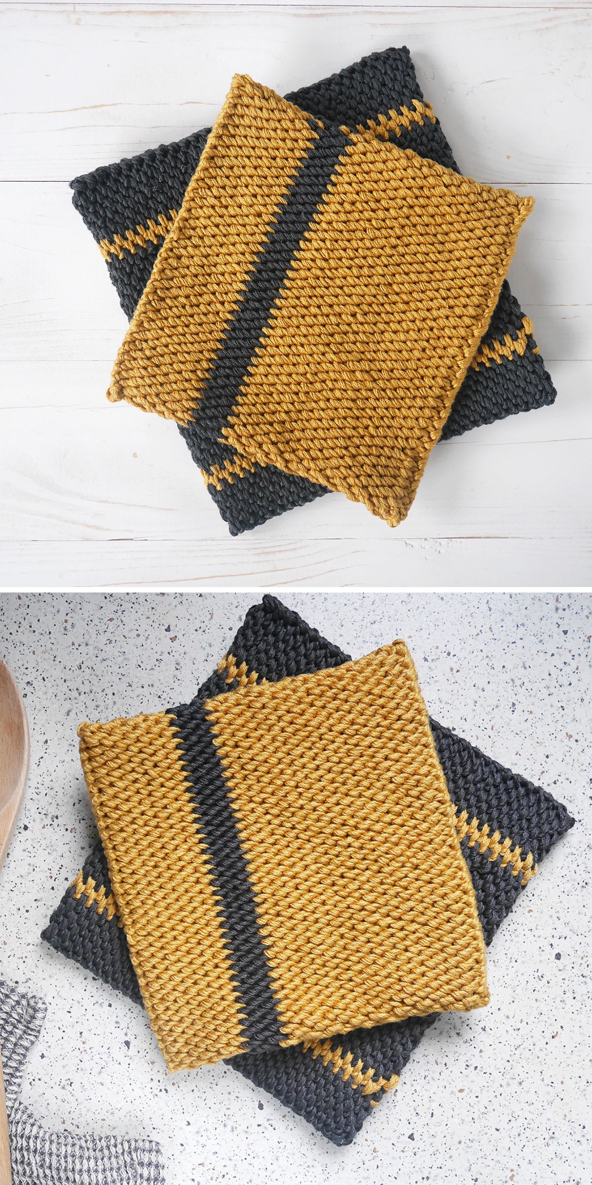 Two crochet square pot holders, one yellow with gray stripes and one gray with yellow stripes, are stacked on different surfaces in each image. These cozy accents are perfect for anyone seeking crochet hot pad patterns to inspire their next project.
