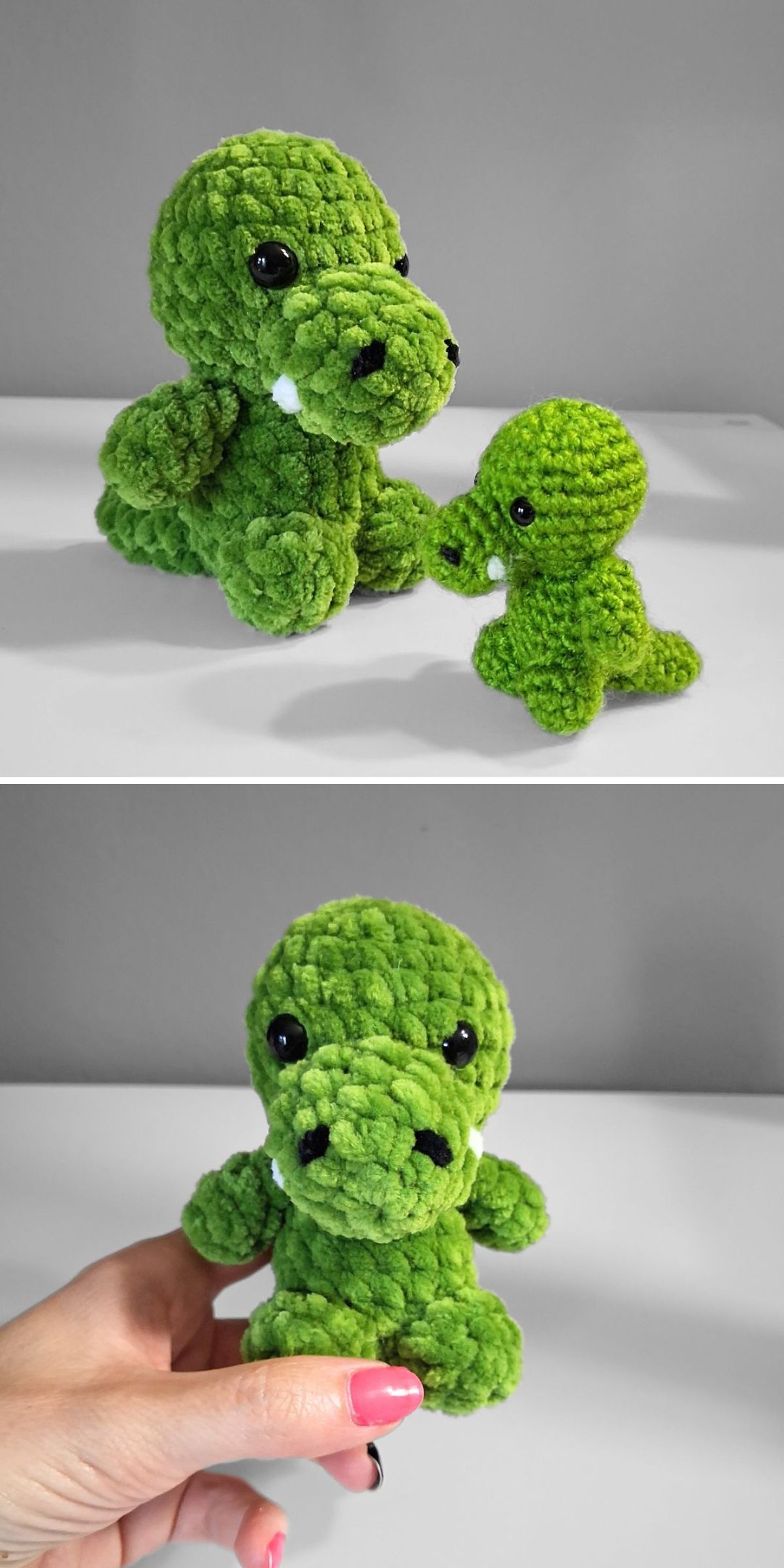 Two photos show plush green crochet crocodile toys, one large and one small. In the second photo, a hand holds up the smaller crocodile in front of a neutral background.