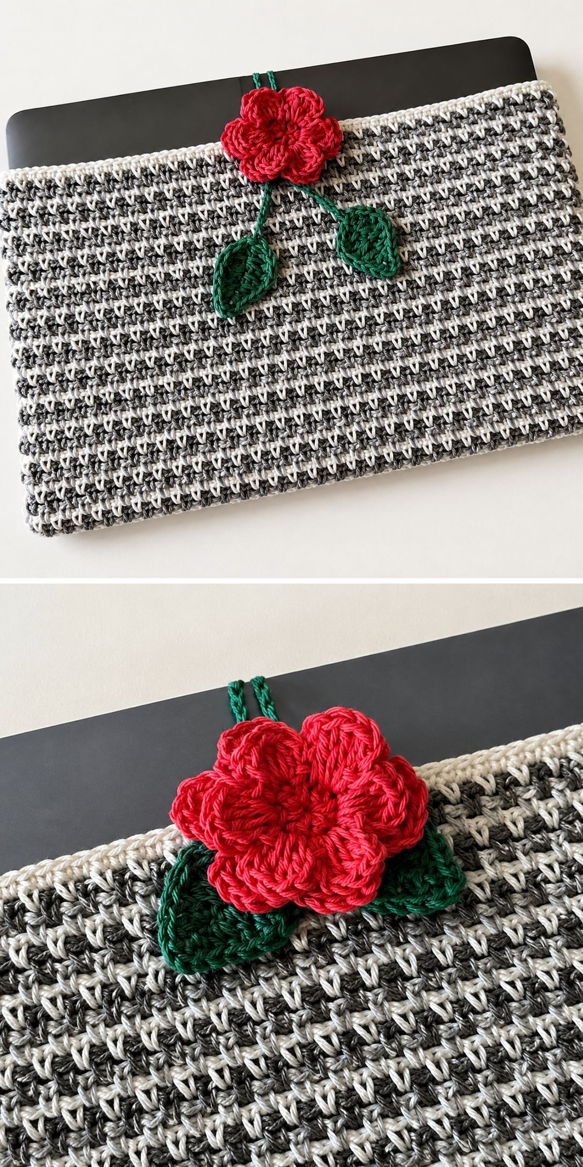 A crocheted laptop sleeve in black, white, and gray with a red flower and green leaves crocheted on the top flap, this stylish crochet cozy adds both charm and protection to your device.
