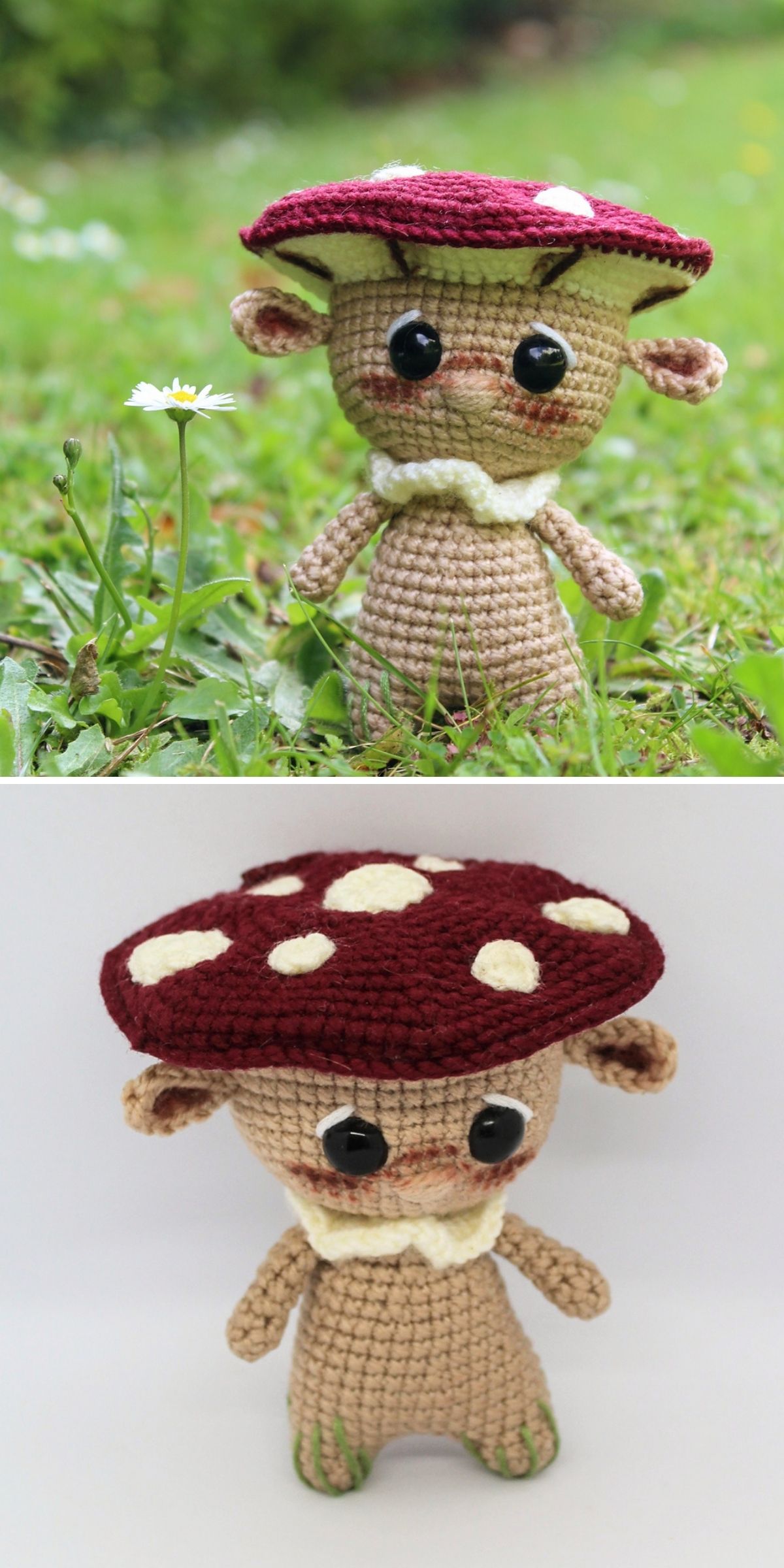A crocheted mushroom doll with a red cap and white spots, crafted using charming mushroom crochet techniques, is shown standing on grass in one image and against a plain white background in another.