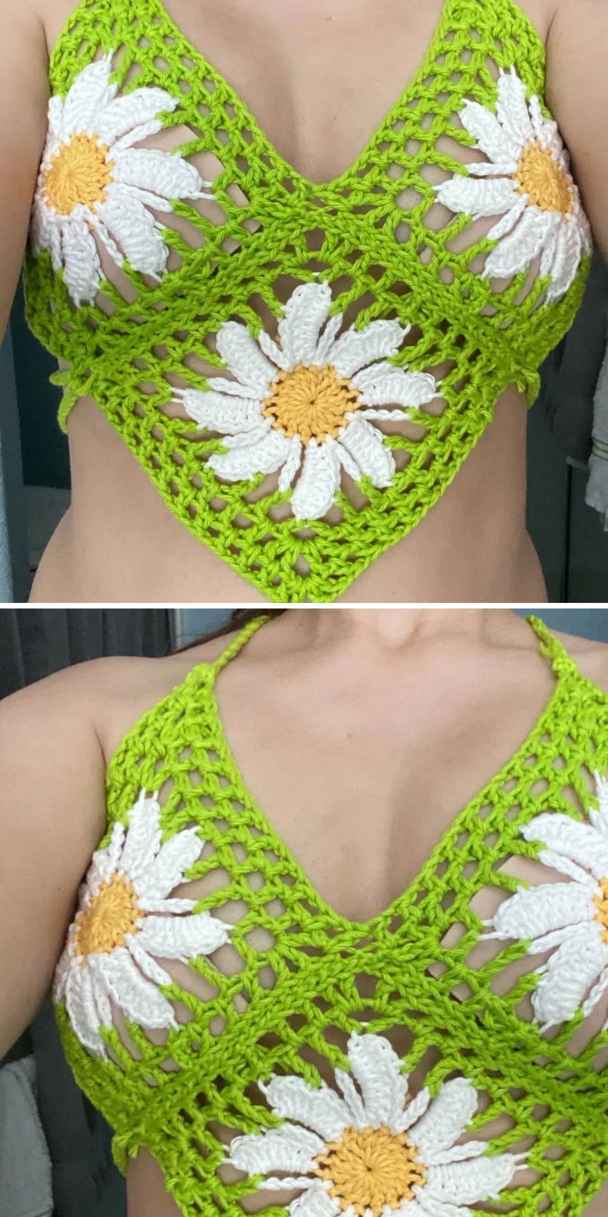Person wearing a green crochet tank top adorned with large white and yellow daisy flower designs in the center.