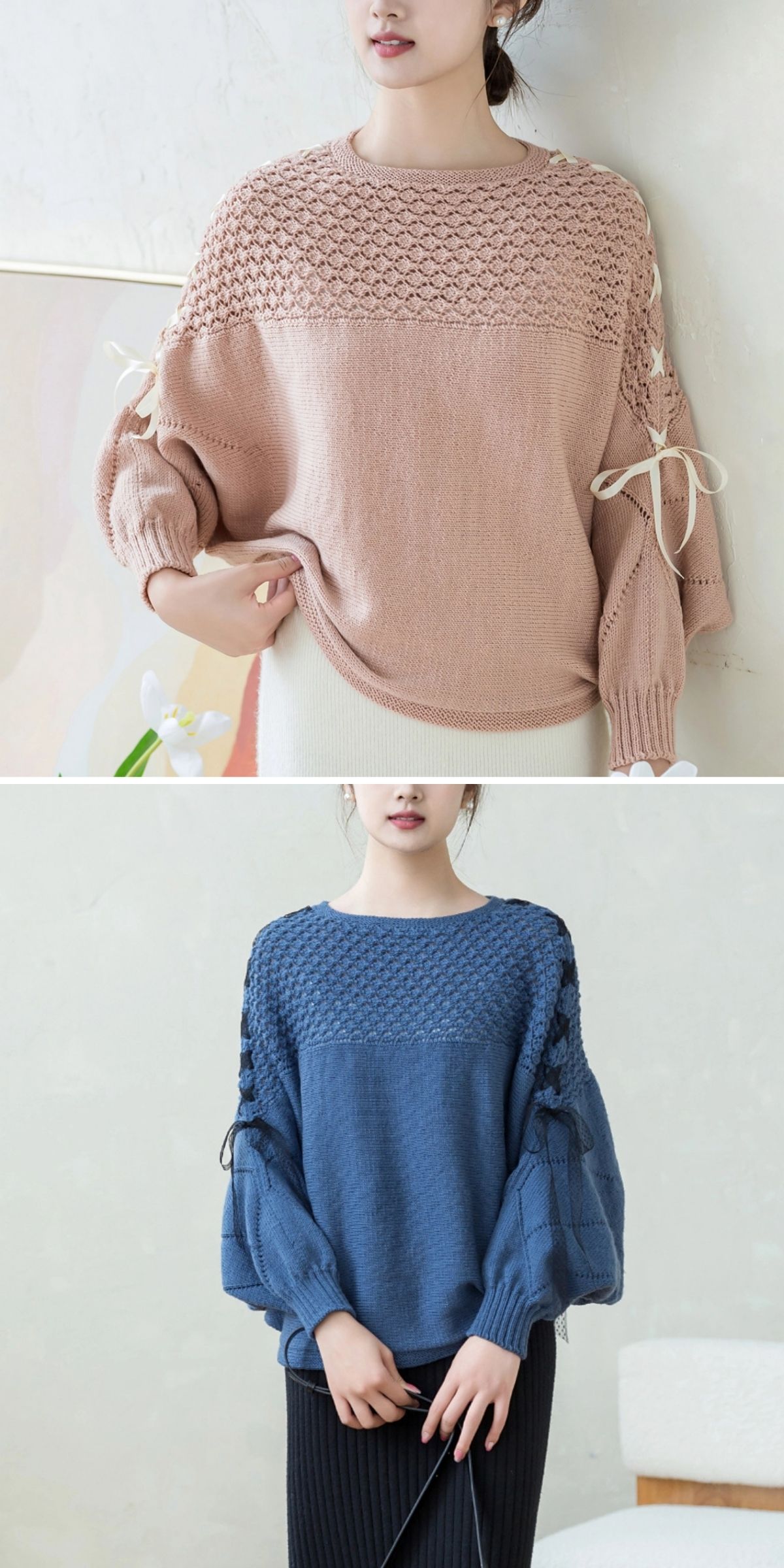 Two women wearing cozy knit sweaters with textured upper panels; one in pink with white ties, the other in blue with black ties. Both feature long sleeves and casual styling.