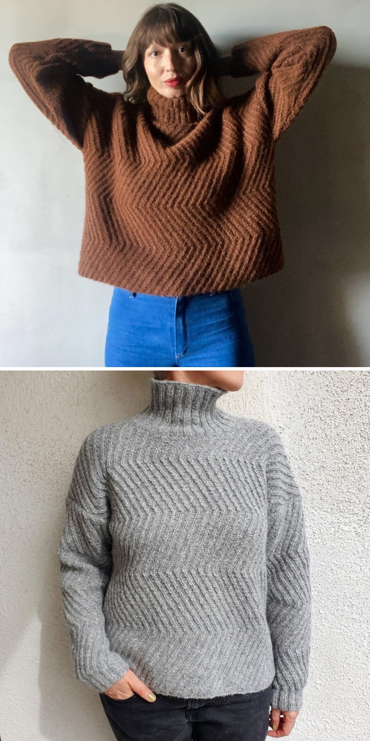 Two people wear chevron-patterned knit sweaters — perfect examples of timeless style; the first in brown with blue jeans, arms raised, and the second in gray with black pants, arms down. Both feature mock neck collars and showcase designs inspired by classic knit sweater patterns.
