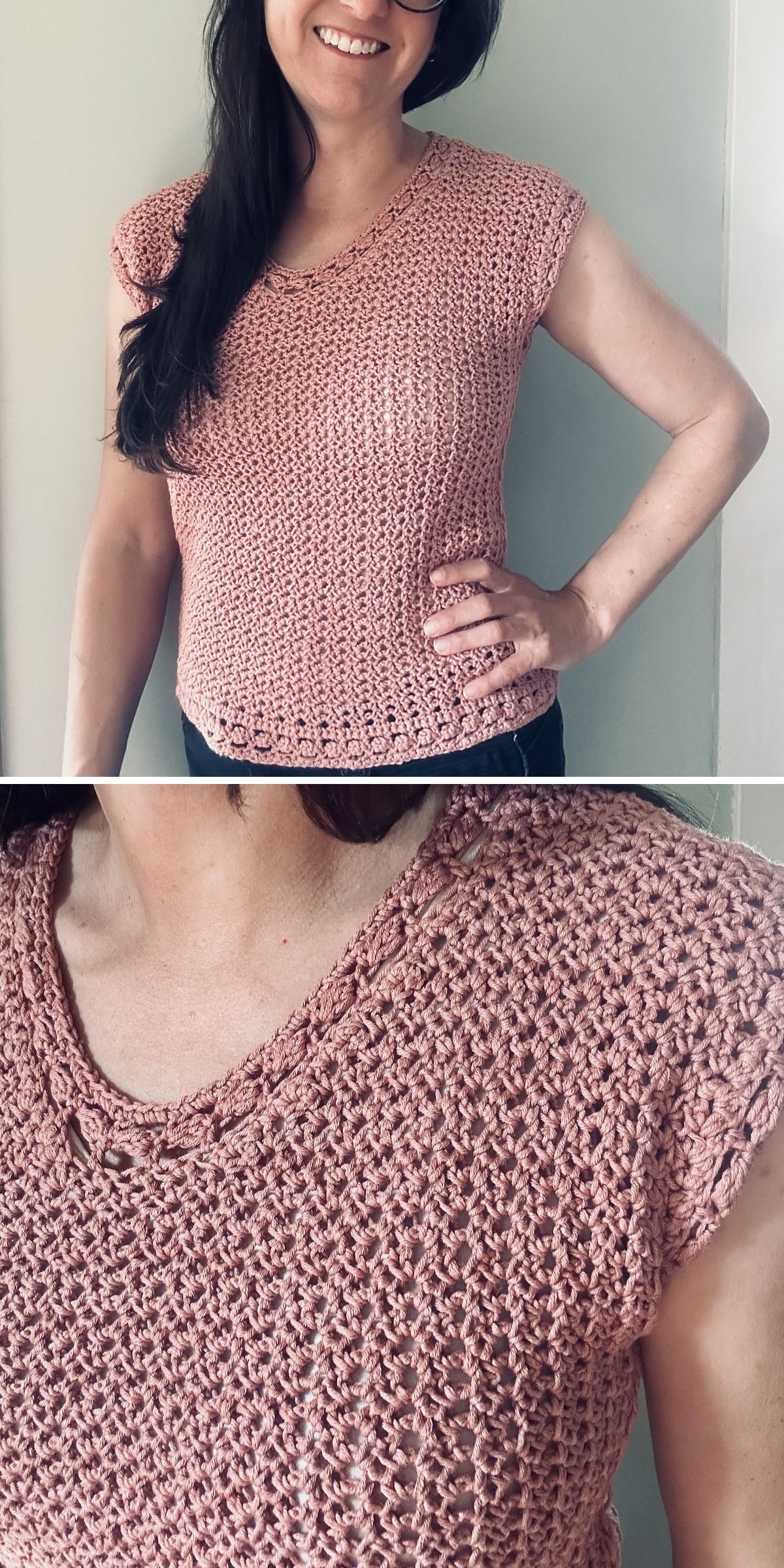 Woman wearing a pink, short-sleeved crochet tee; close-up of the top’s texture and stitching is shown below.