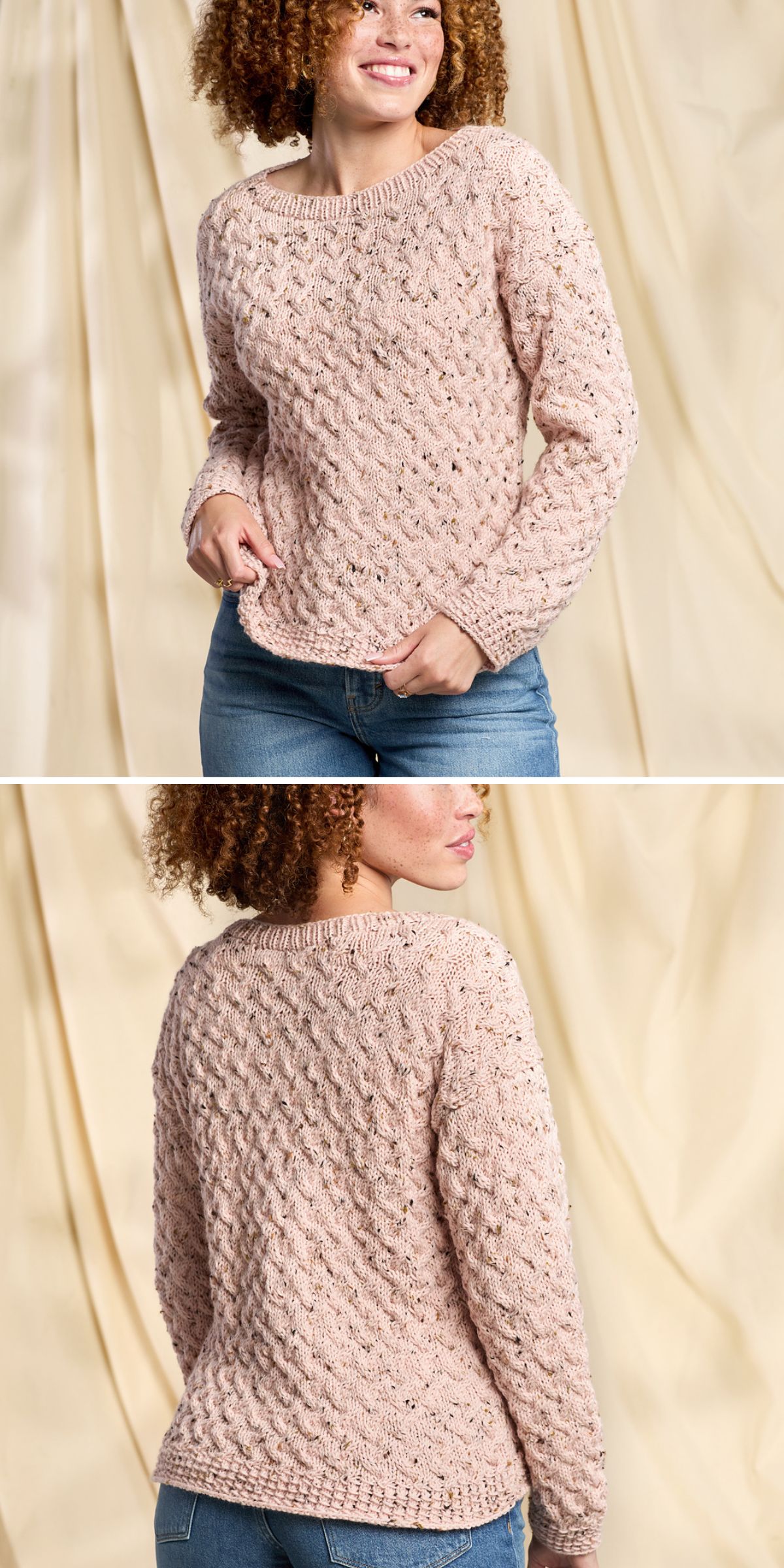 Two images show a person wearing a light pink knit sweater with textured details and blue jeans, photographed from the front and back against a beige fabric background.