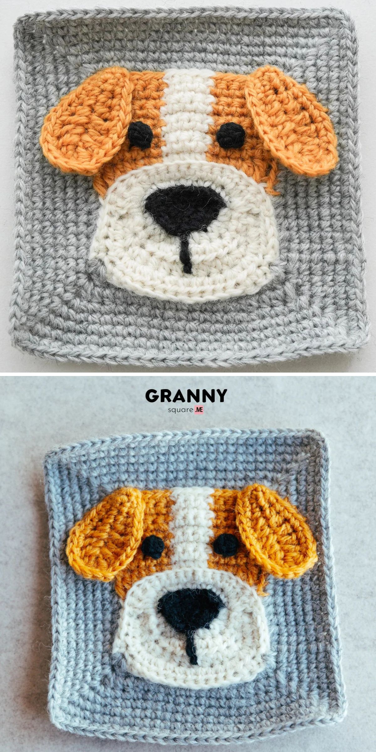 Two photos of a crocheted granny square featuring a dog’s face with brown, white, and black yarn on a gray background offer inspiration for anyone searching for unique Crochet Animal Square Patterns. Perfect for adding personality to Crochet Blankets or exploring new Free Crochet Patterns, this adorable design brings charm and creativity to your next project.