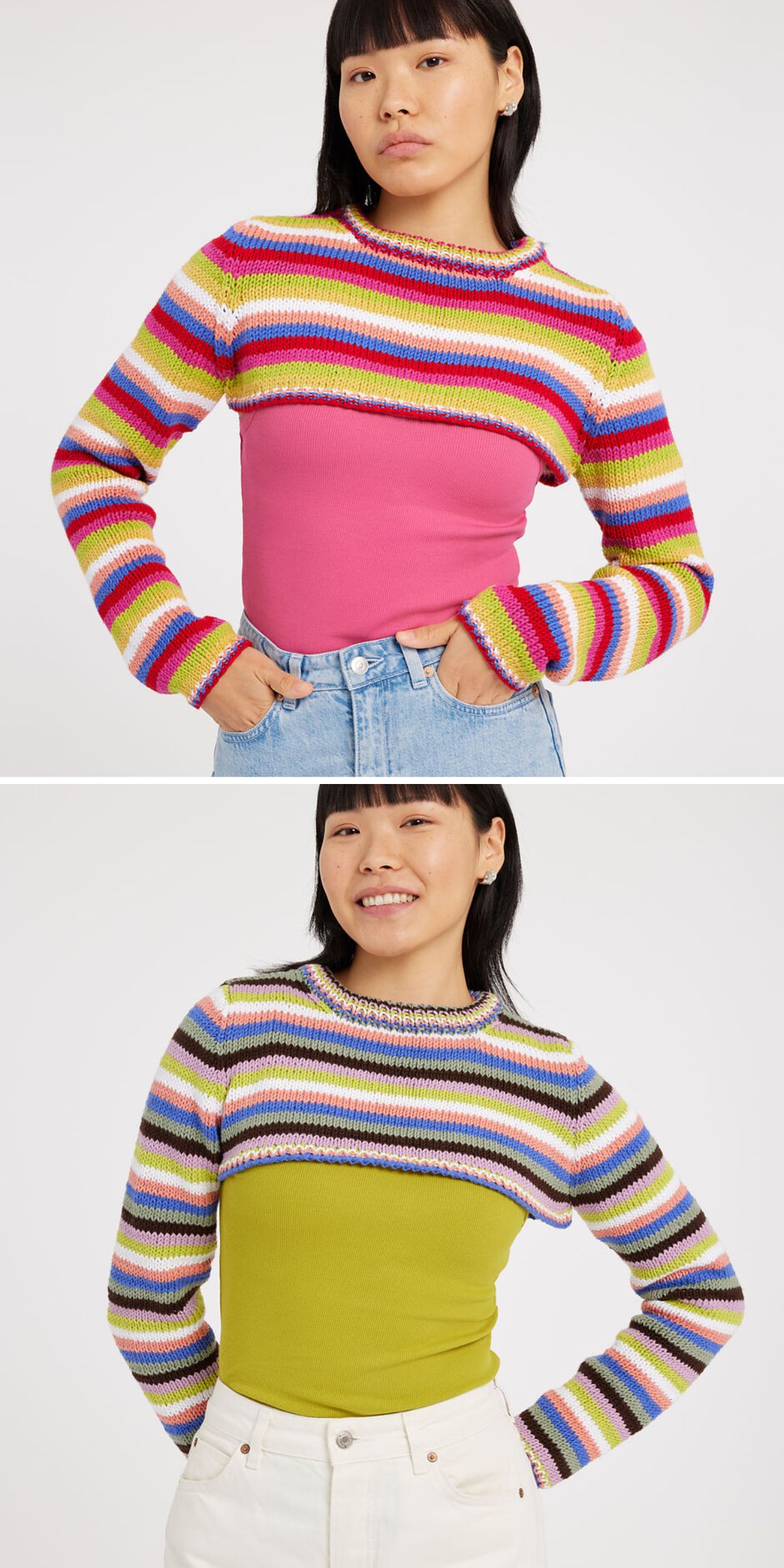 Two images of a woman wearing a striped knit sweater with different colored bodies — pink in the first image, olive green in the second. Showcasing timeless style, she poses with her hands on her hips in both photos, highlighting beautiful knit sweater patterns perfect for any occasion.