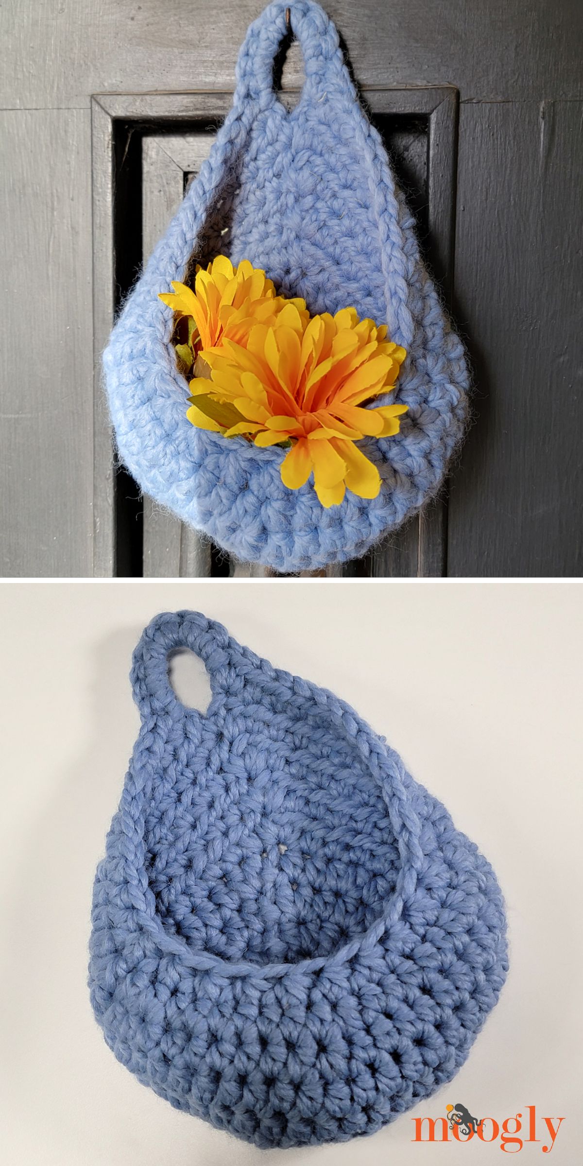 A small, light blue crochet basket, shown hanging and holding yellow flowers in one image and empty in another, against a plain background.