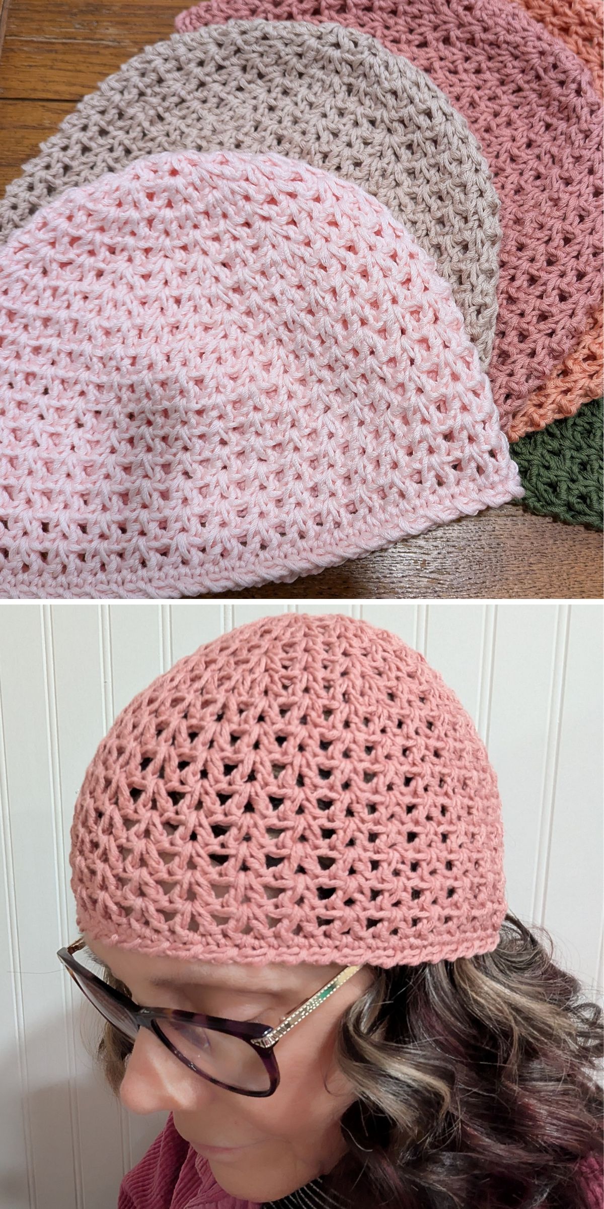 Four crocheted beanies in different colors are shown on a table, and a person is wearing a pink crocheted beanie in the image below. Each cozy beanie showcases the timeless charm of handmade accessories, perfect for pairing with your favorite crochet sun hat on sunny days.