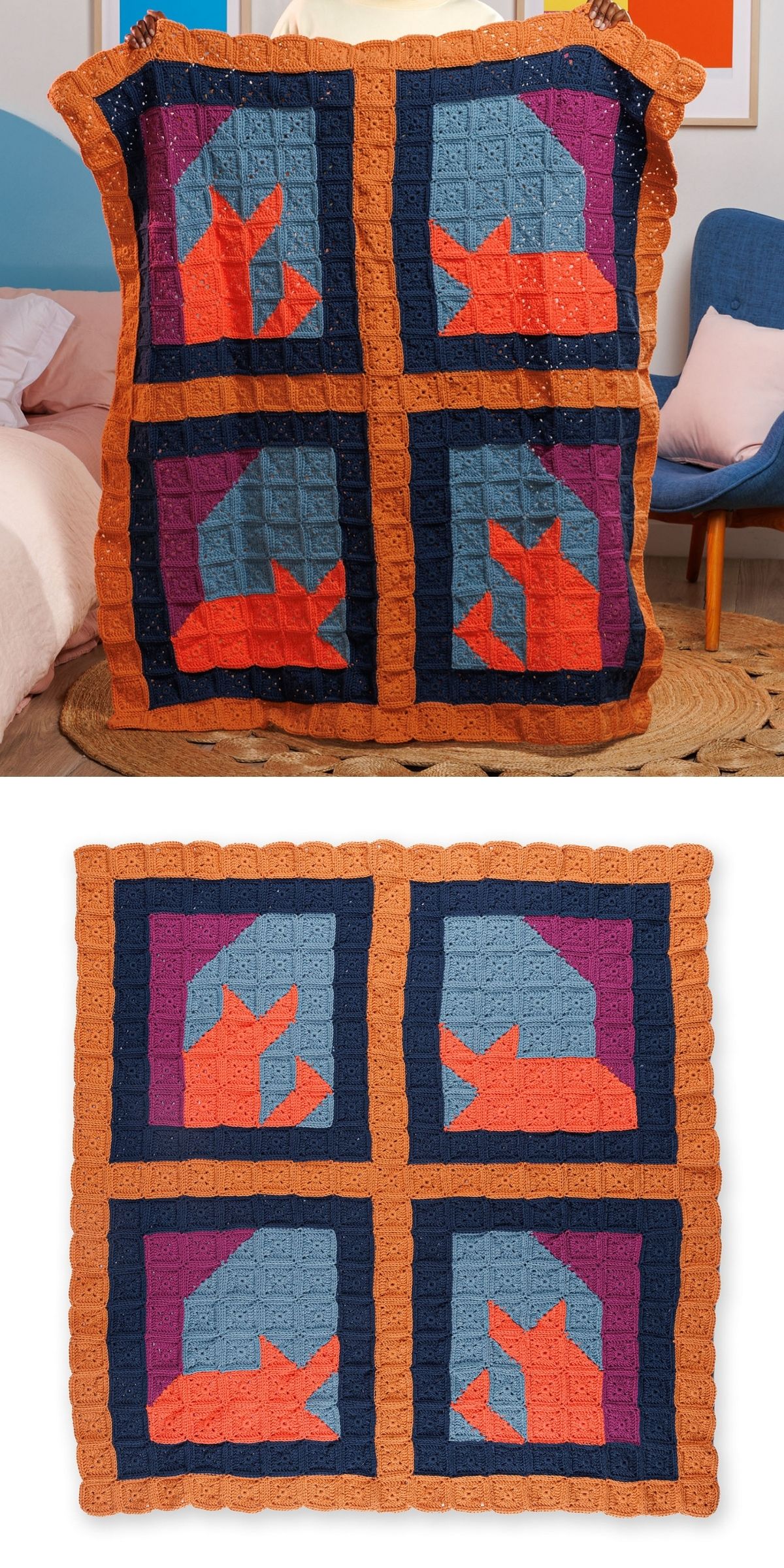 A handmade quilt featuring four orange cat patterns on blue backgrounds — each reminiscent of a charming crochet animal square — bordered in navy and orange, displayed both held up and laid flat in a modern room.