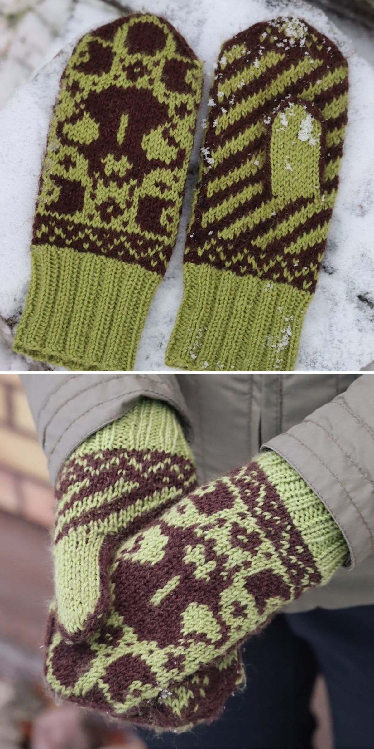 Green and brown knitted mitten featuring geometric and striped patterns are shown lying on snow and worn on hands.