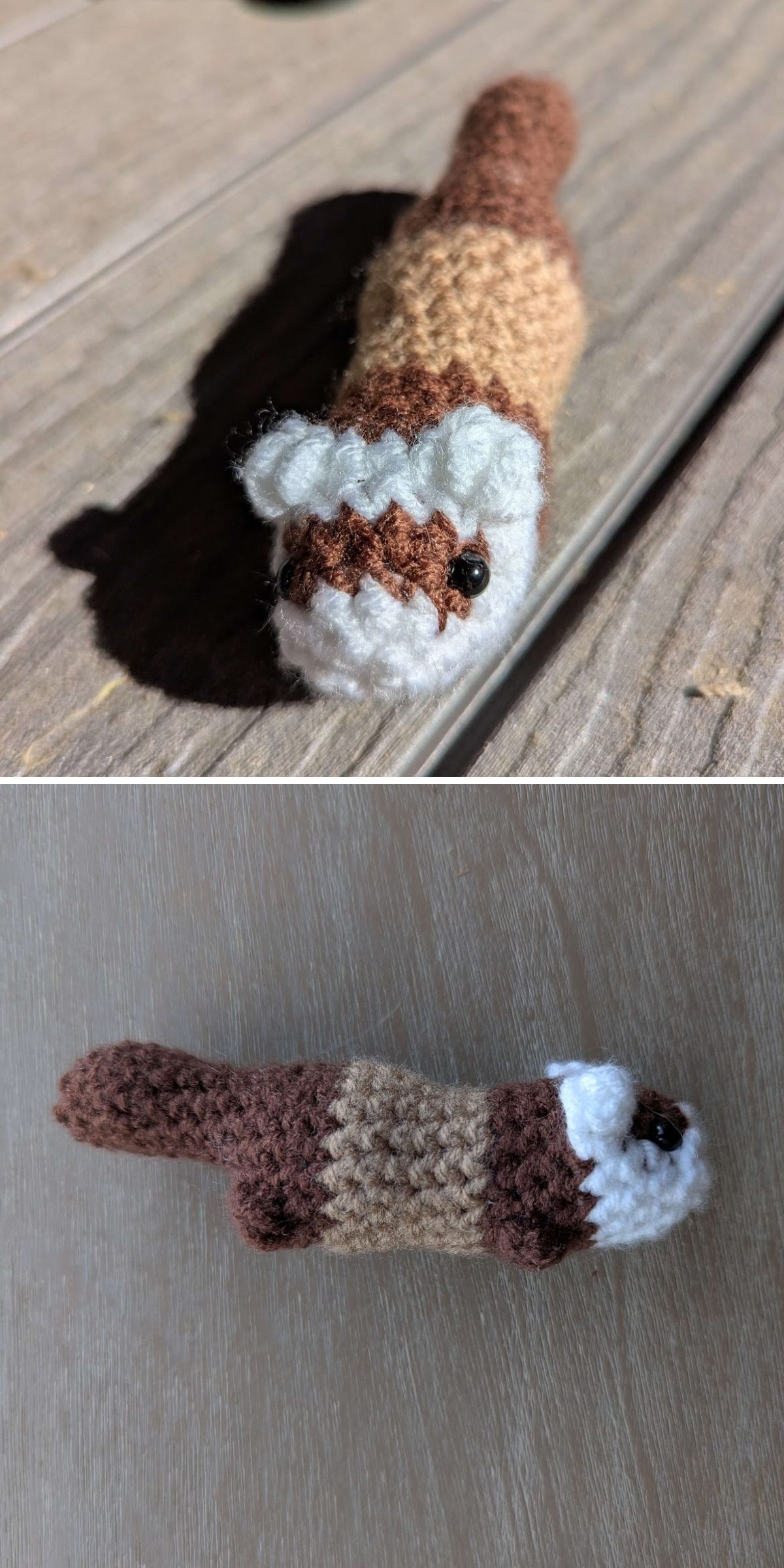 Two photos of a small crochet animal, possibly a ferret or otter, crafted with brown, beige, and white yarn, shown on a wooden surface.