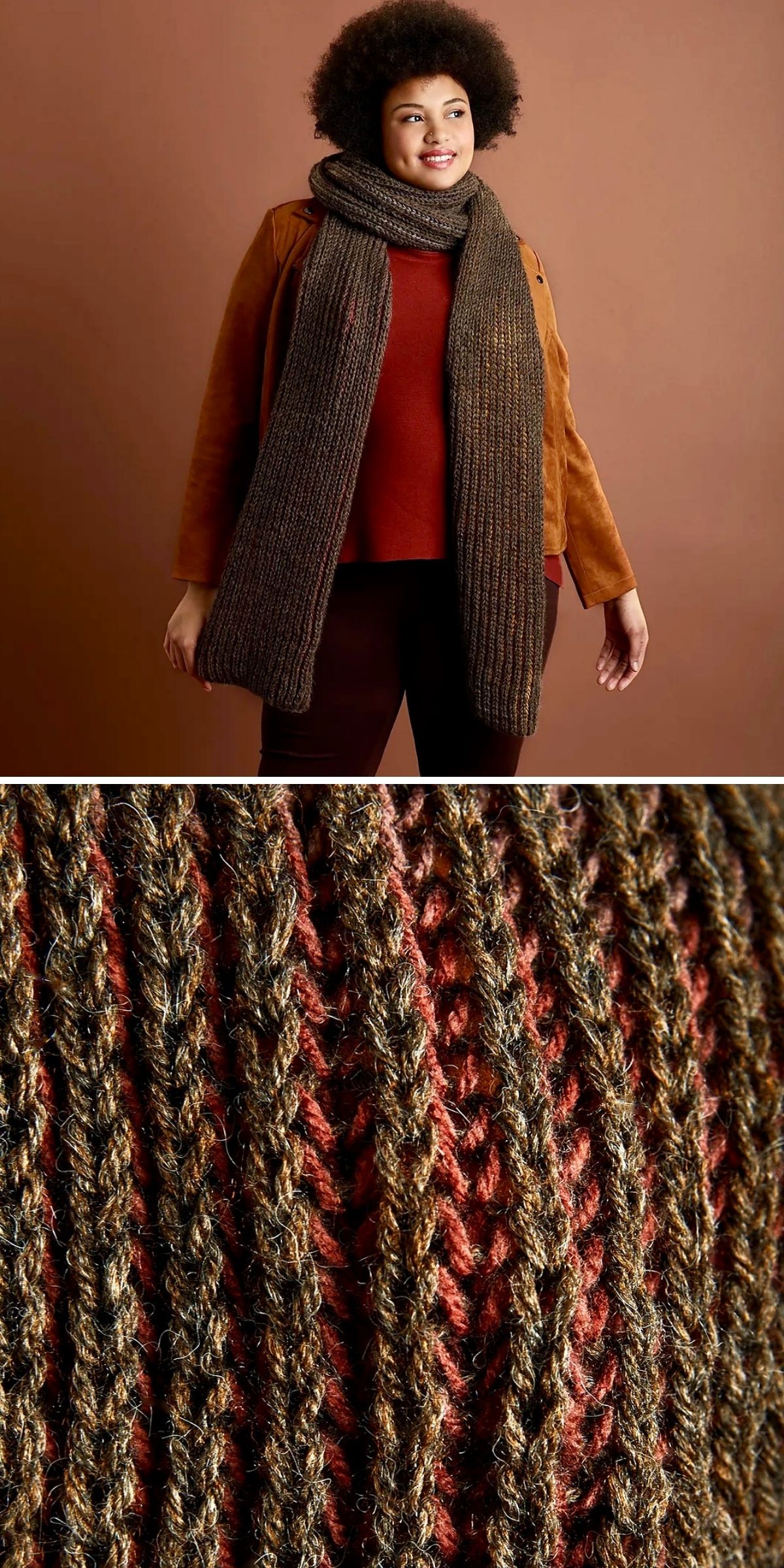 A smiling person with an afro wears a brown suede jacket, red top, and a long, ribbed, multi-colored knit scarf. Below is a zoomed-in, detailed view of the knit scarf’s textured yarn weave.