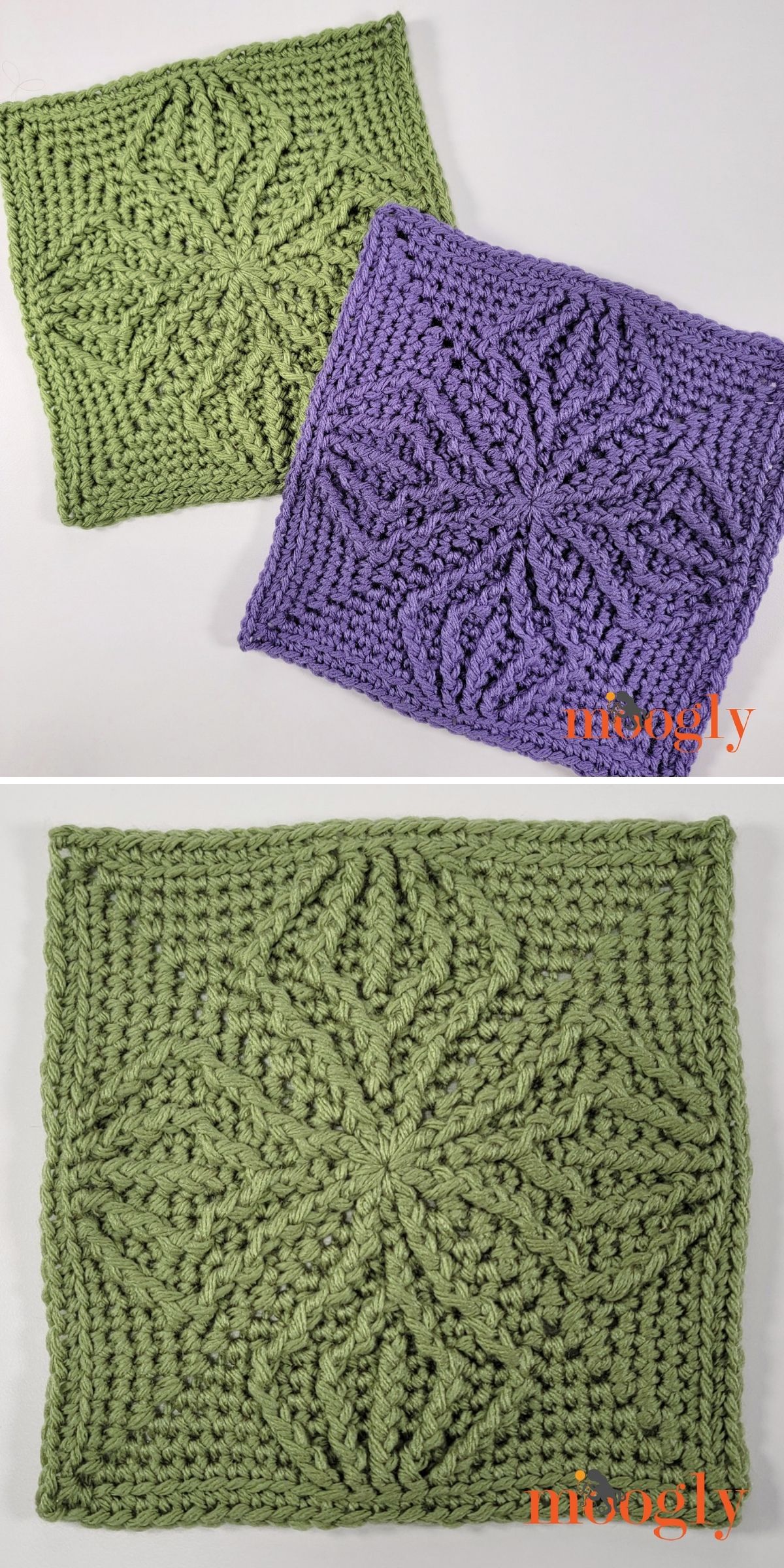 Two crocheted square motifs, one green and one purple, each featuring a textured, symmetrical leaf pattern, are displayed on a white surface — perfect as a striking crochet hot pad for your kitchen décor.