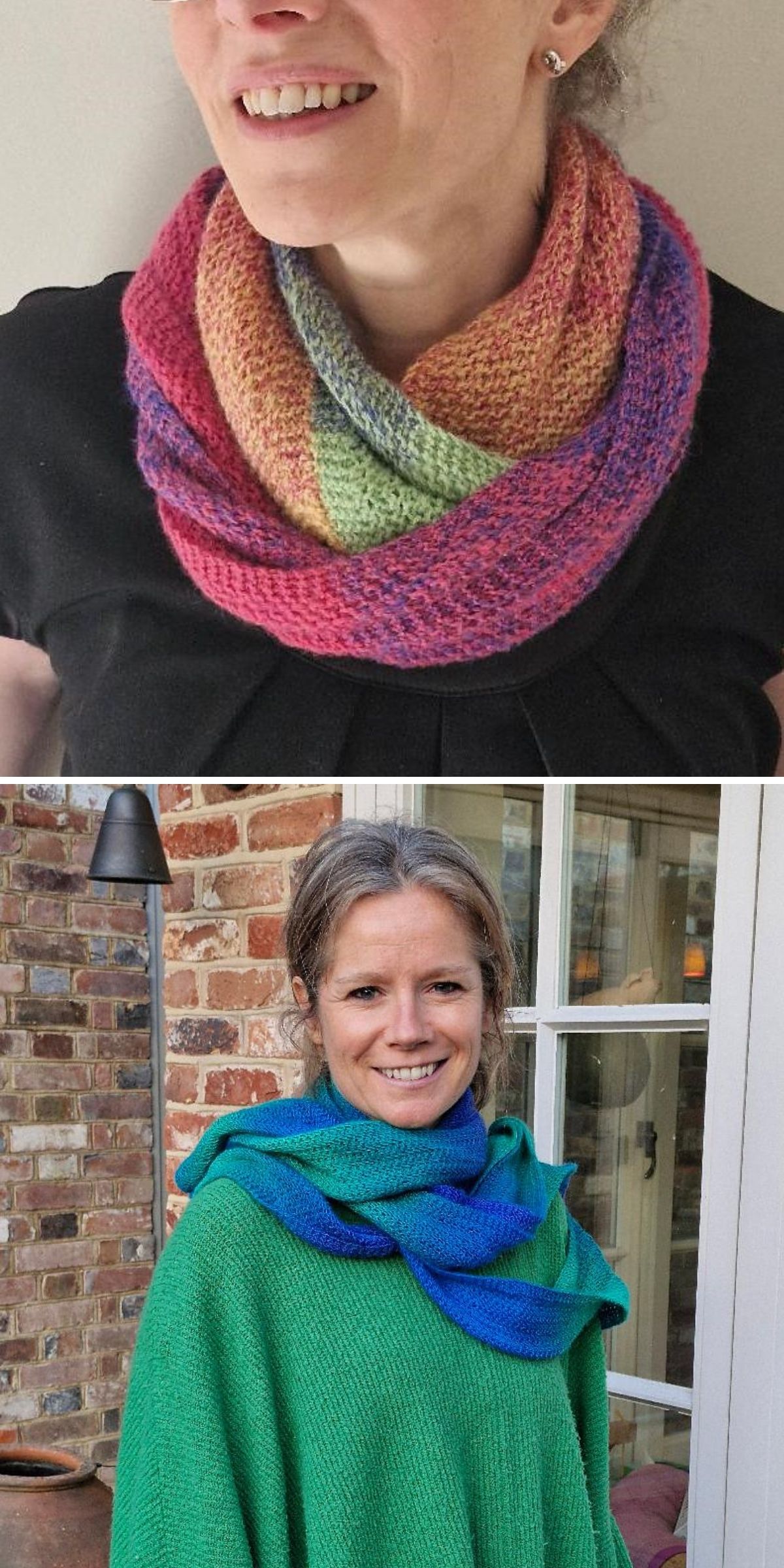 Two women each wear a colorful knit scarf; one is indoors with a red-green-purple palette, while the other styles a blue-green knit scarf and green poncho outdoors.