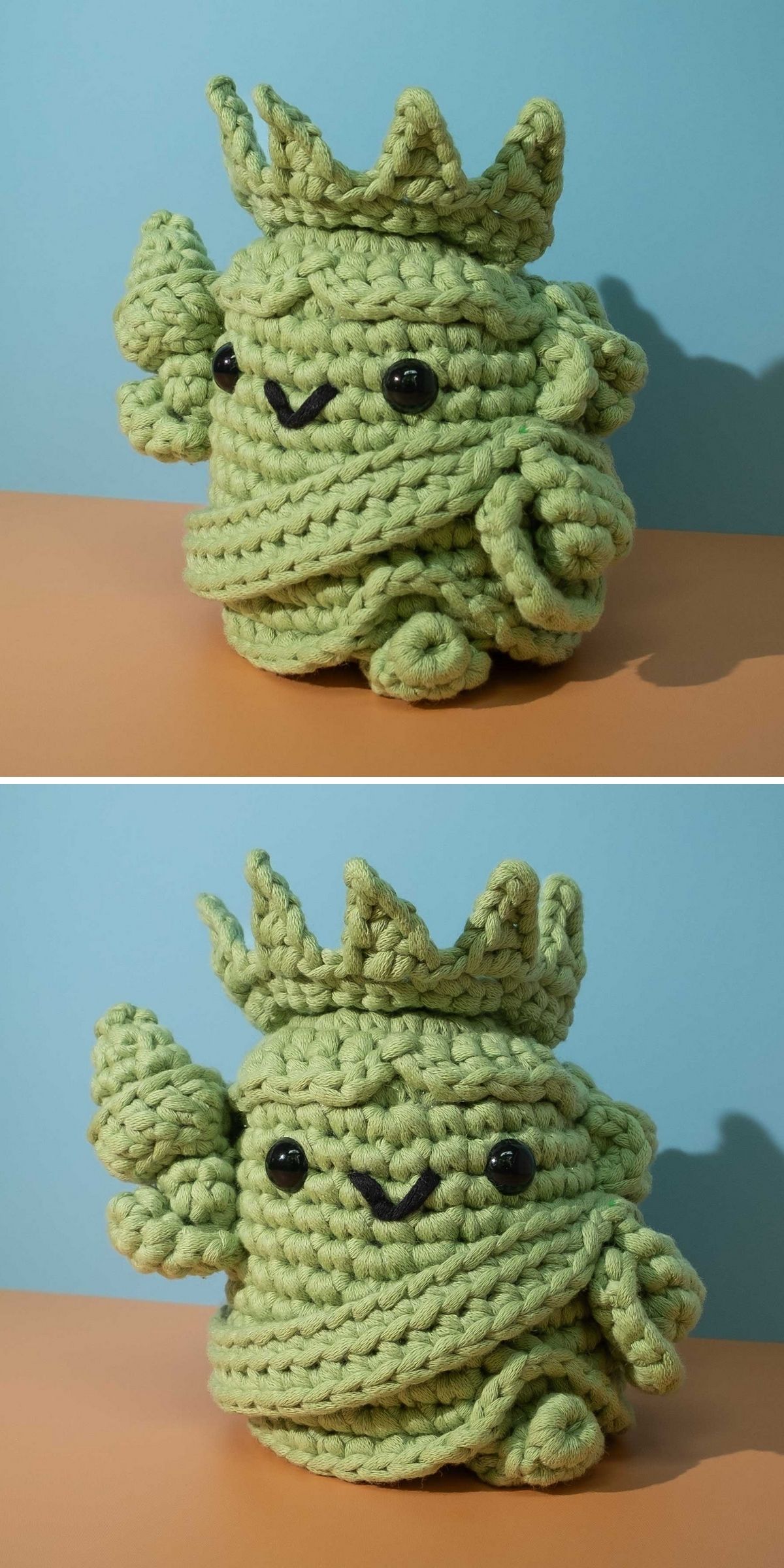 Two photos of a crocheted green crochet doll with black eyes, a crown, and a leaf-like arm, placed against a blue and orange background. It recembles a Statue of Liberty in New York