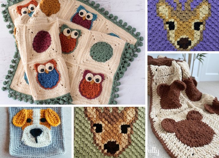 Collage of crocheted blankets featuring animal faces — including owls, a deer, a bear, and a dog — crafted with various patterns, colors, and textures. This charming display highlights unique Crochet Animal Square Patterns perfect for anyone searching for inspiration or Free Crochet Patterns to create their own crochet blankets.