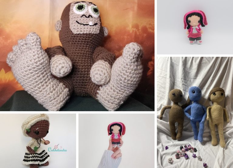 A collage of crocheted dolls and figures, including a large brown creature, a girl in a pink dress, three unfinished dolls, and two other handmade dolls with distinct outfits — perfect inspiration for anyone who loves creating unique crochet characters or exploring new crochet doll patterns.