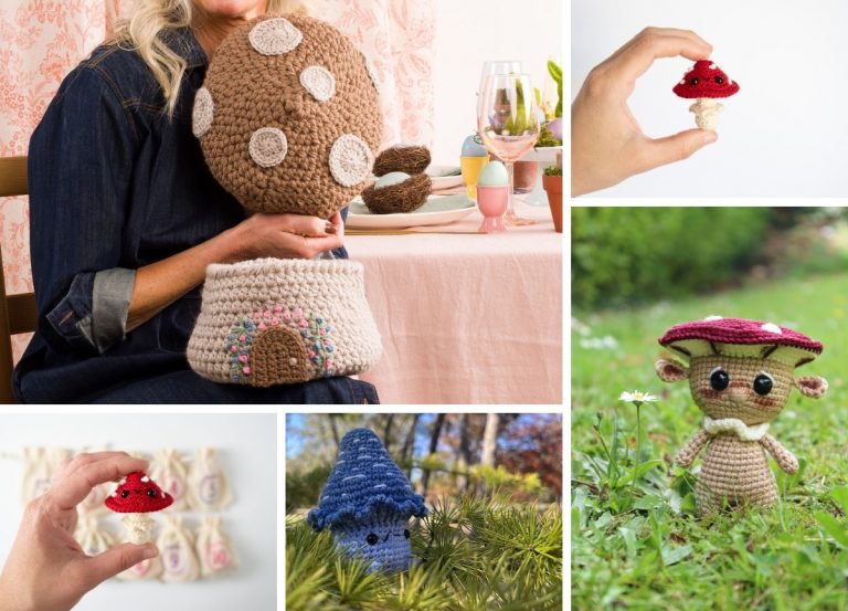 Collage of crocheted mushrooms and mushroom creatures, including plush toys and small figures inspired by Mushroom Crochet, photographed indoors and outdoors, with hands holding some of the items.