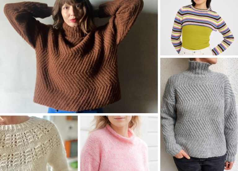 Collage of five women’s sweaters: brown textured, striped with green, gray ribbed turtleneck, white lace-knit, and light pink fuzzy — each worn by a different person — showcasing knit sweater patterns that exude timeless style.