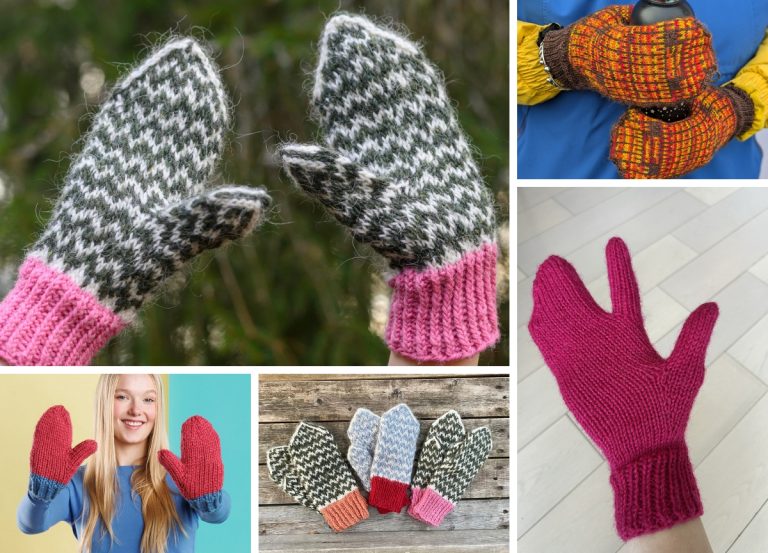 A collage of various knitted mittens and gloves in different colors and patterns, including classic knitted mitten styles, displayed on hands and laid flat.