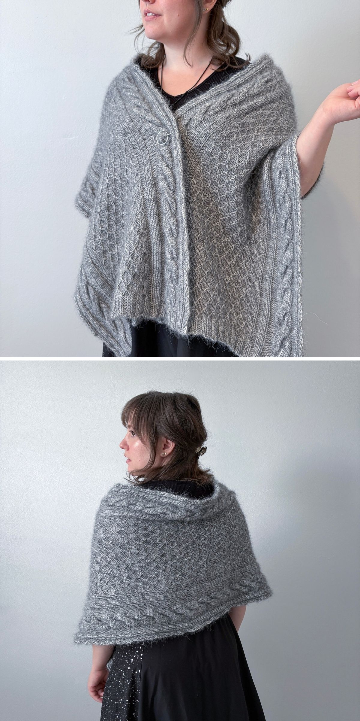 A woman models a gray, cable-knit shawl with textured patterns, shown from the front and back against a plain light wall—a beautiful example of style you can create with free knitting patterns for wraps.