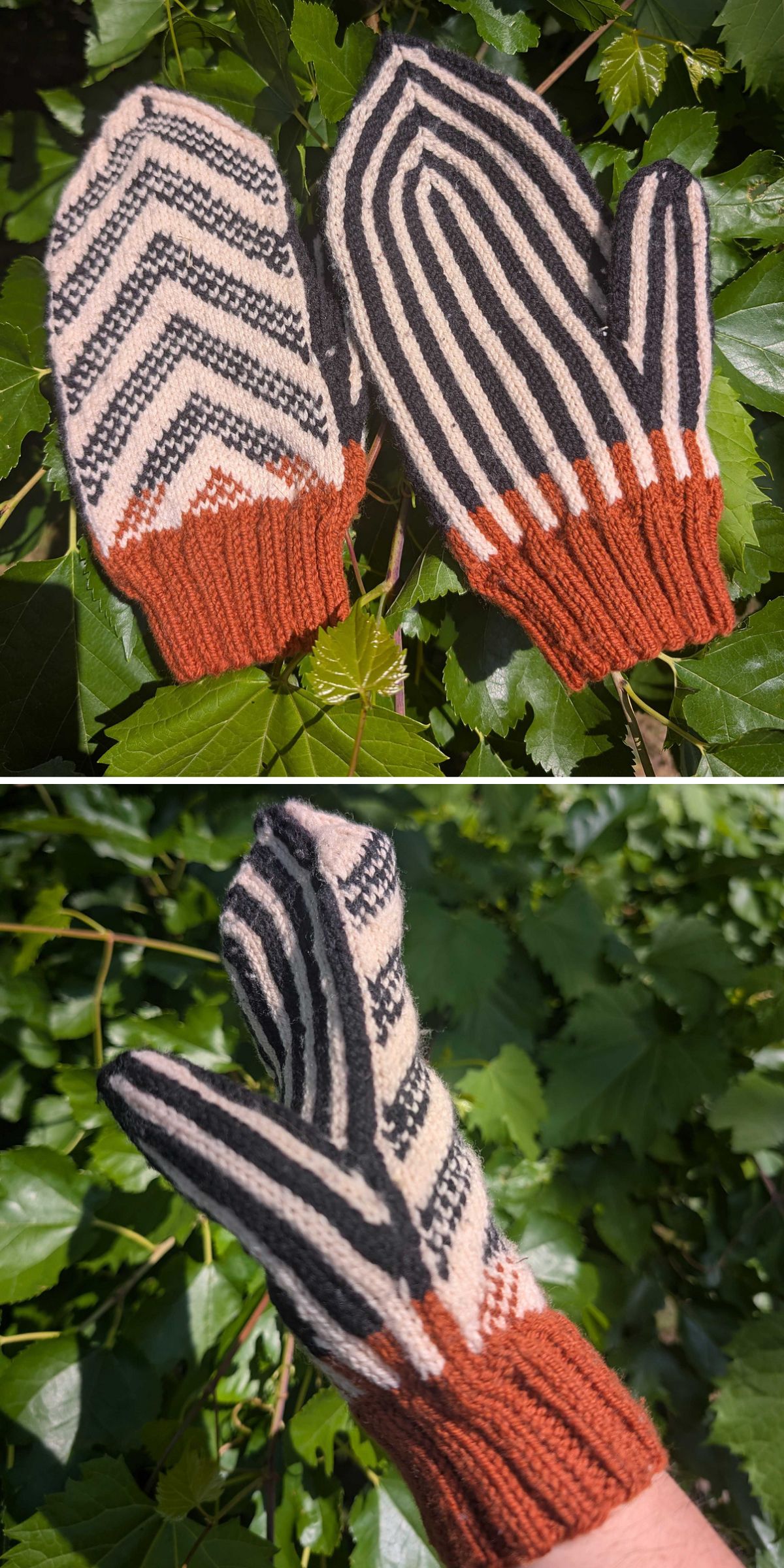 A pair of knitted mittens featuring black, white, and orange zigzag and stripe patterns are displayed against green leaves outdoors.
