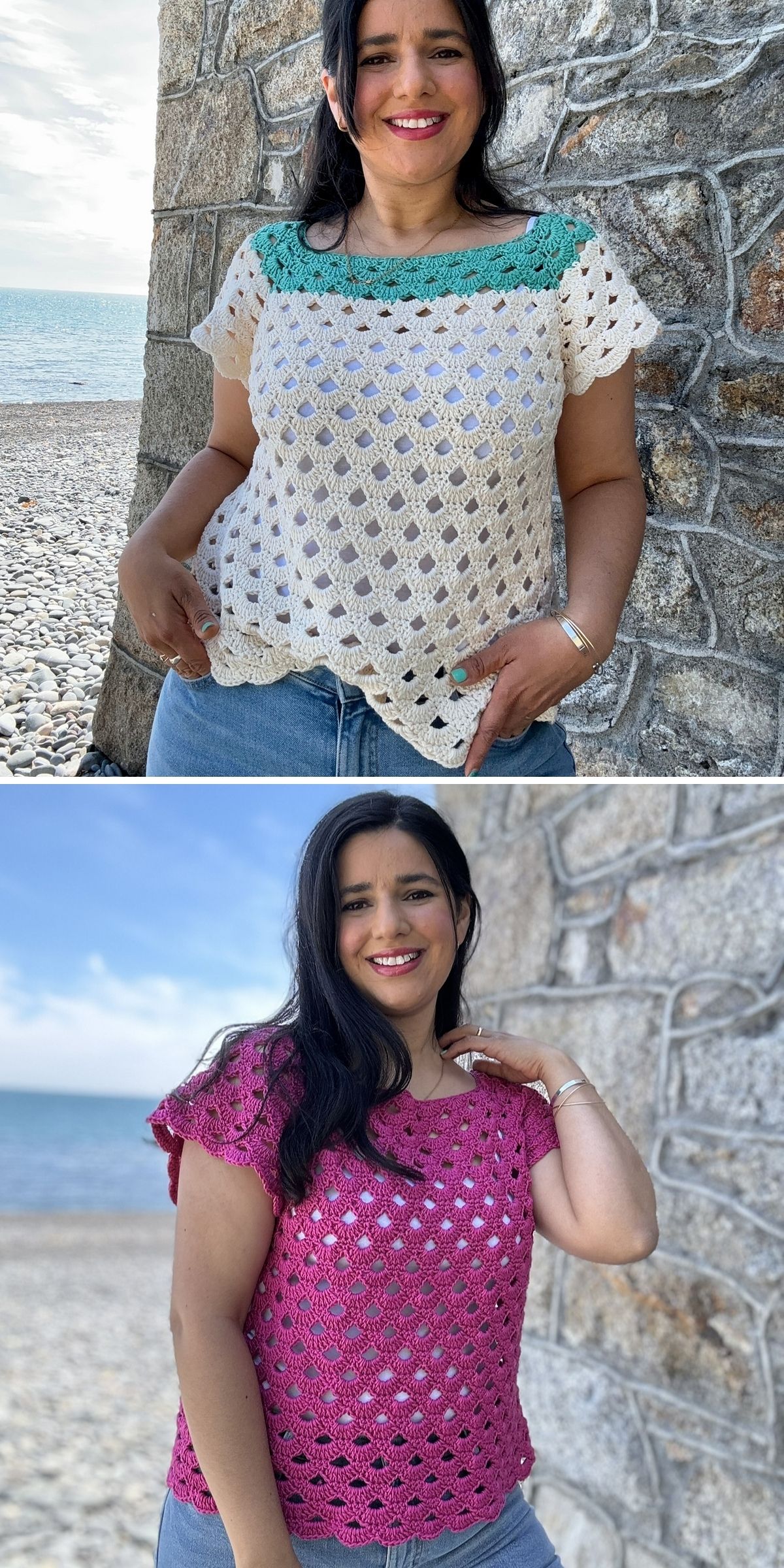 Two photos of a woman standing by a stone wall on a beach, wearing a crochet tee — white with green trim in the first image, and solid magenta in the second.