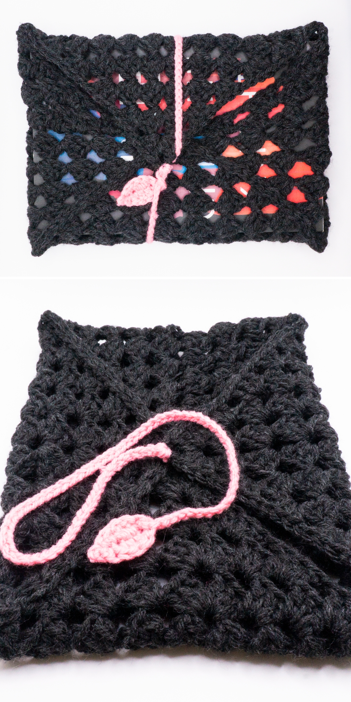 Two images show a black crocheted envelope-style pouch with a pink crocheted tie; the top image displays a book tucked inside this crochet cozy, while the bottom image shows the pouch closed on a white background.