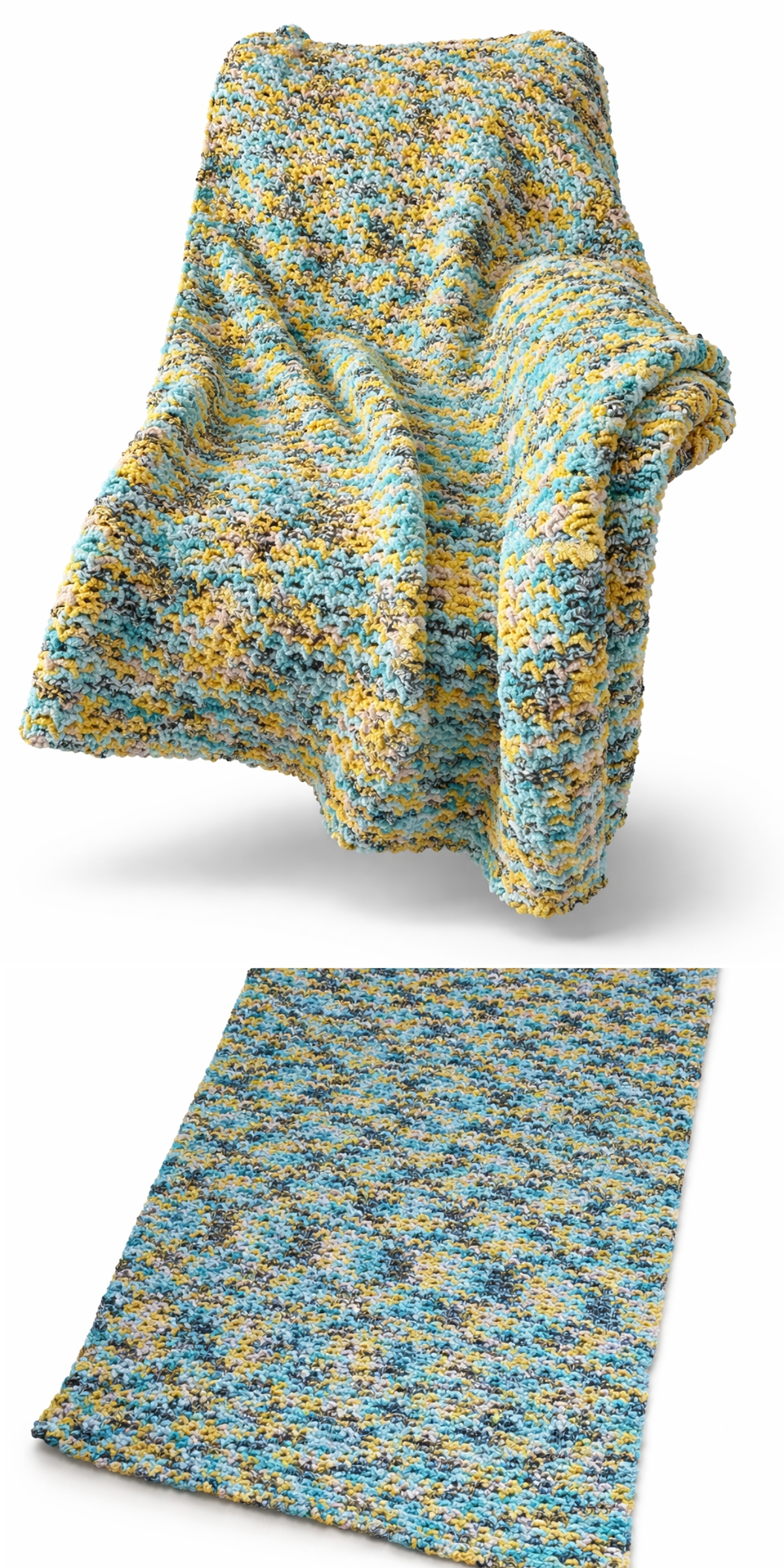 A multicolored crochet chunky blanket and matching rectangular rug in shades of blue, yellow, and gray are displayed against a white background.
