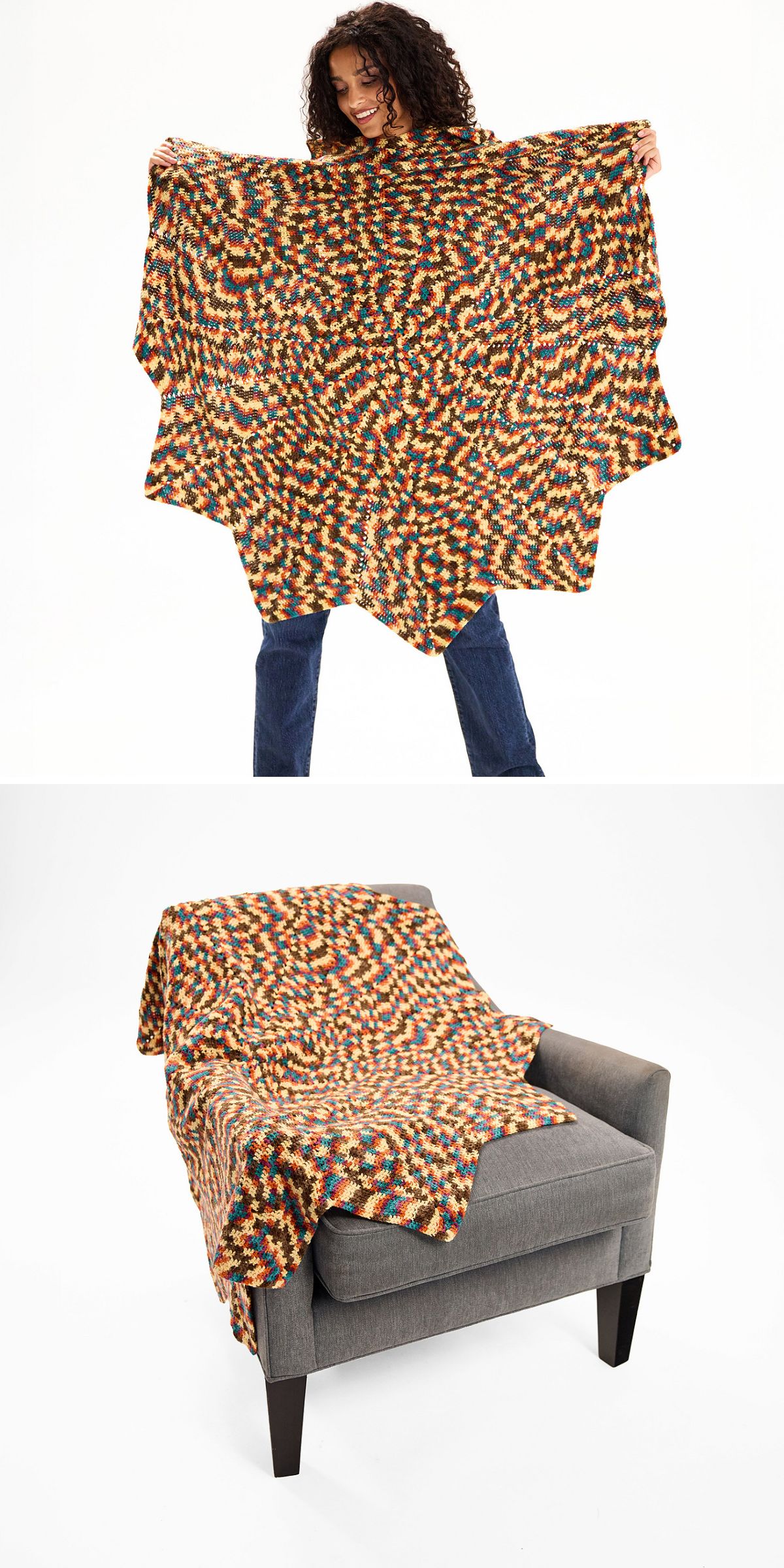 A person holds up a multicolored round crochet blanket; the same blanket is draped over a gray armchair in the next image.