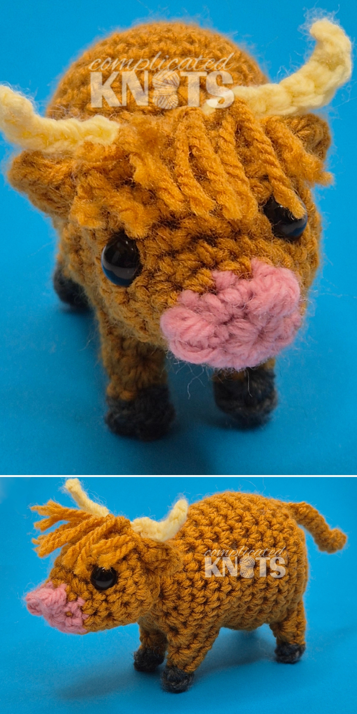 Crocheted plush bull with yellow horns, pink snout, and dark feet—this adorable crochet cow is shown from front and side against a blue background.