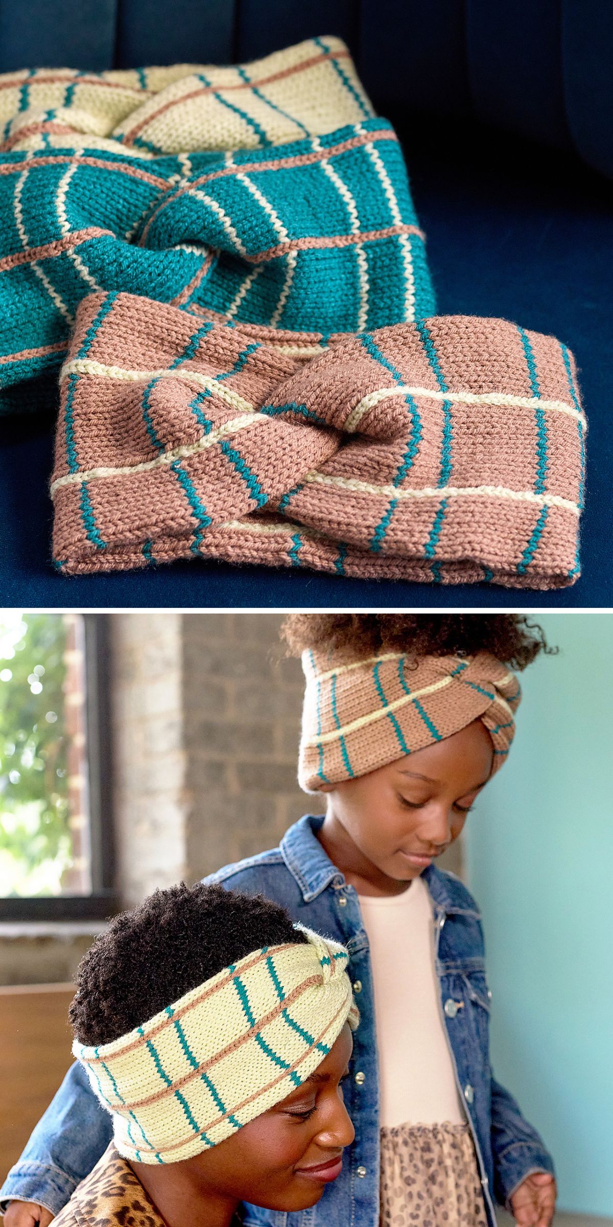 Two knitted headbands with plaid patterns, one blue and one tan, are displayed on a surface. Below, an adult and child wear matching tan knitted headbands indoors.