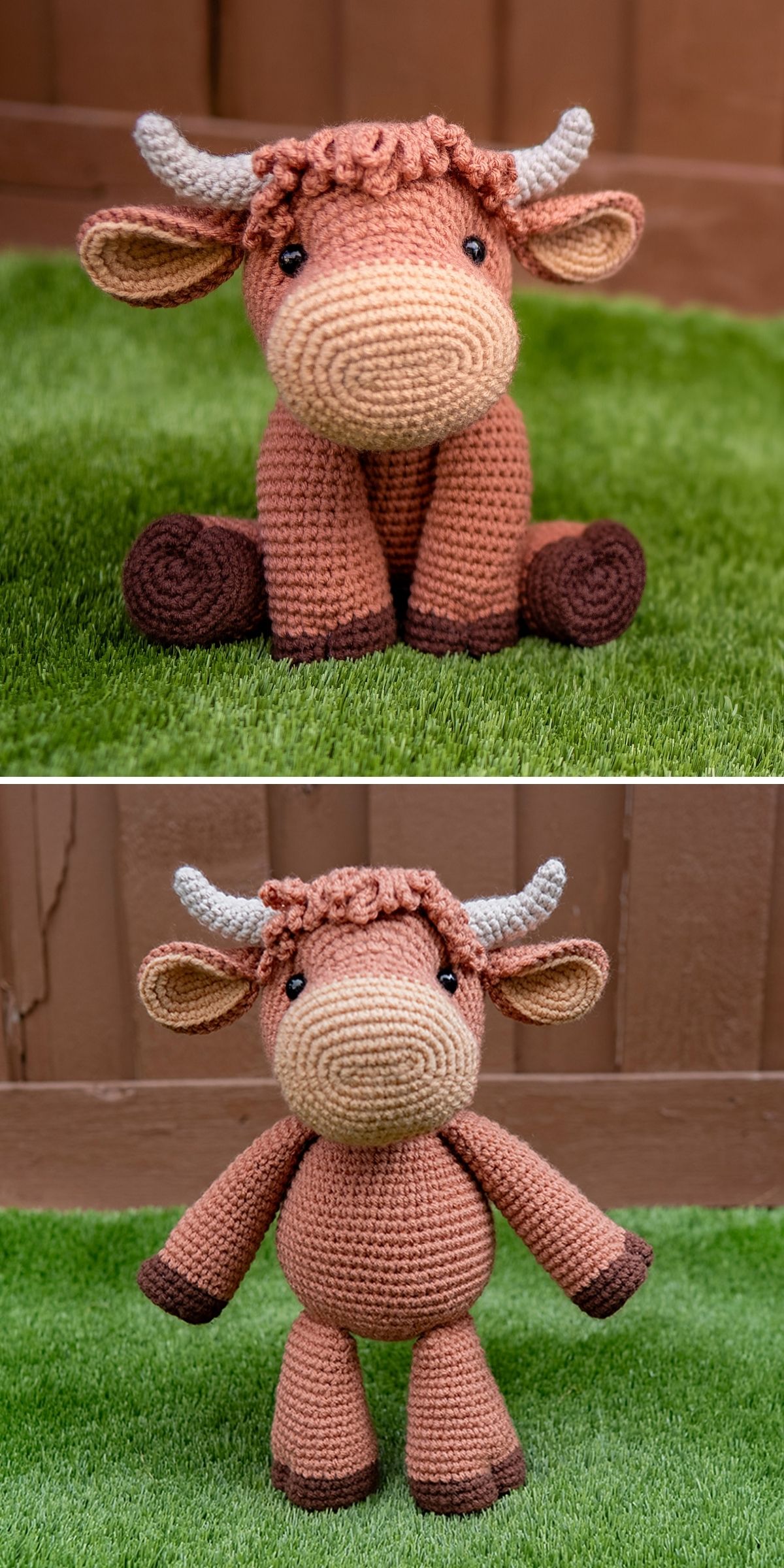 Two photos of a crochet cow, crafted in charming brown and tan colors, sitting and standing on green artificial grass in front of a wooden fence.