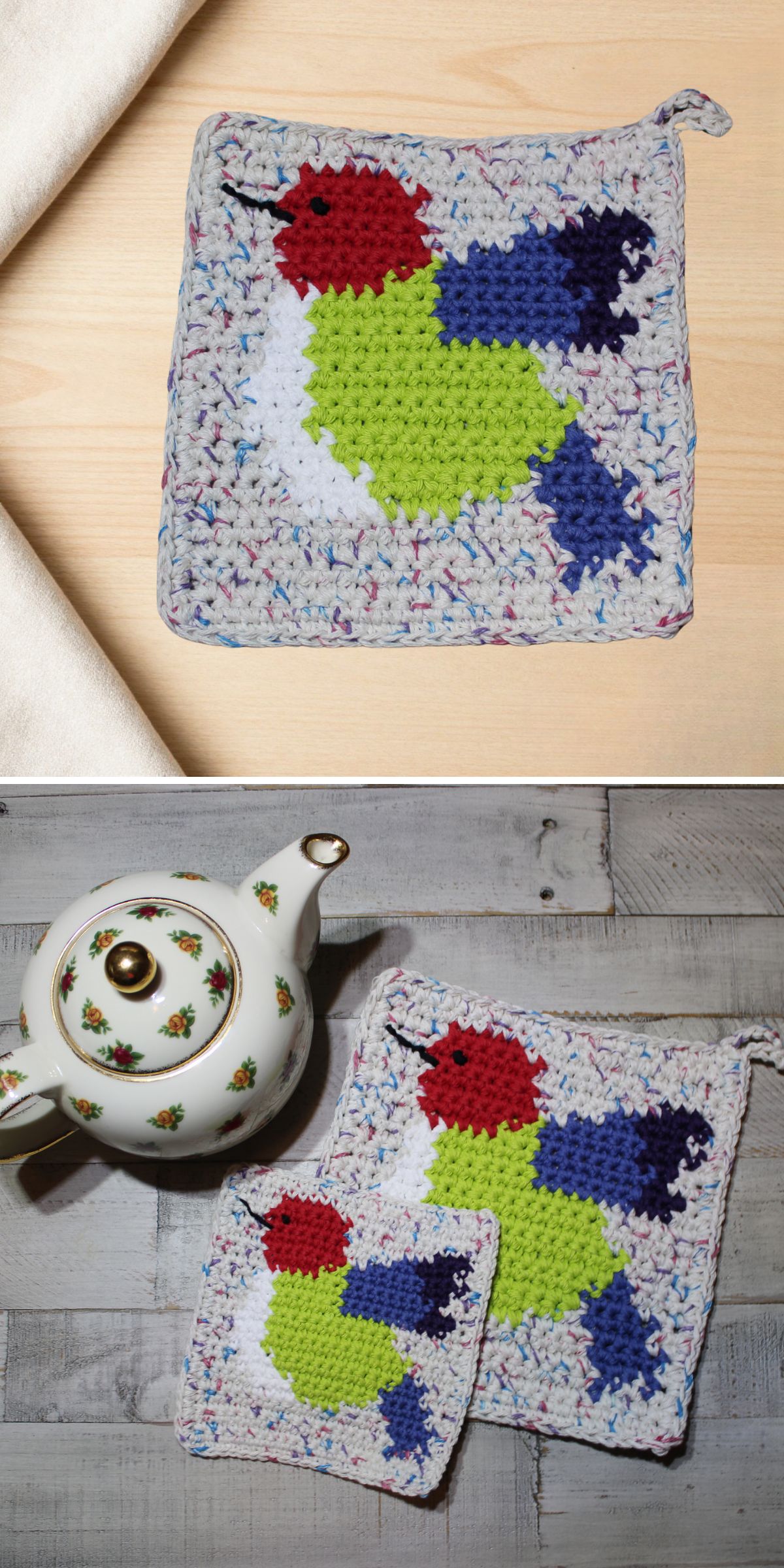 Crocheted potholders with a colorful bird design are displayed on wooden surfaces next to a teapot with a floral pattern, adding charm and functionality as each piece doubles as a crochet hot pad.