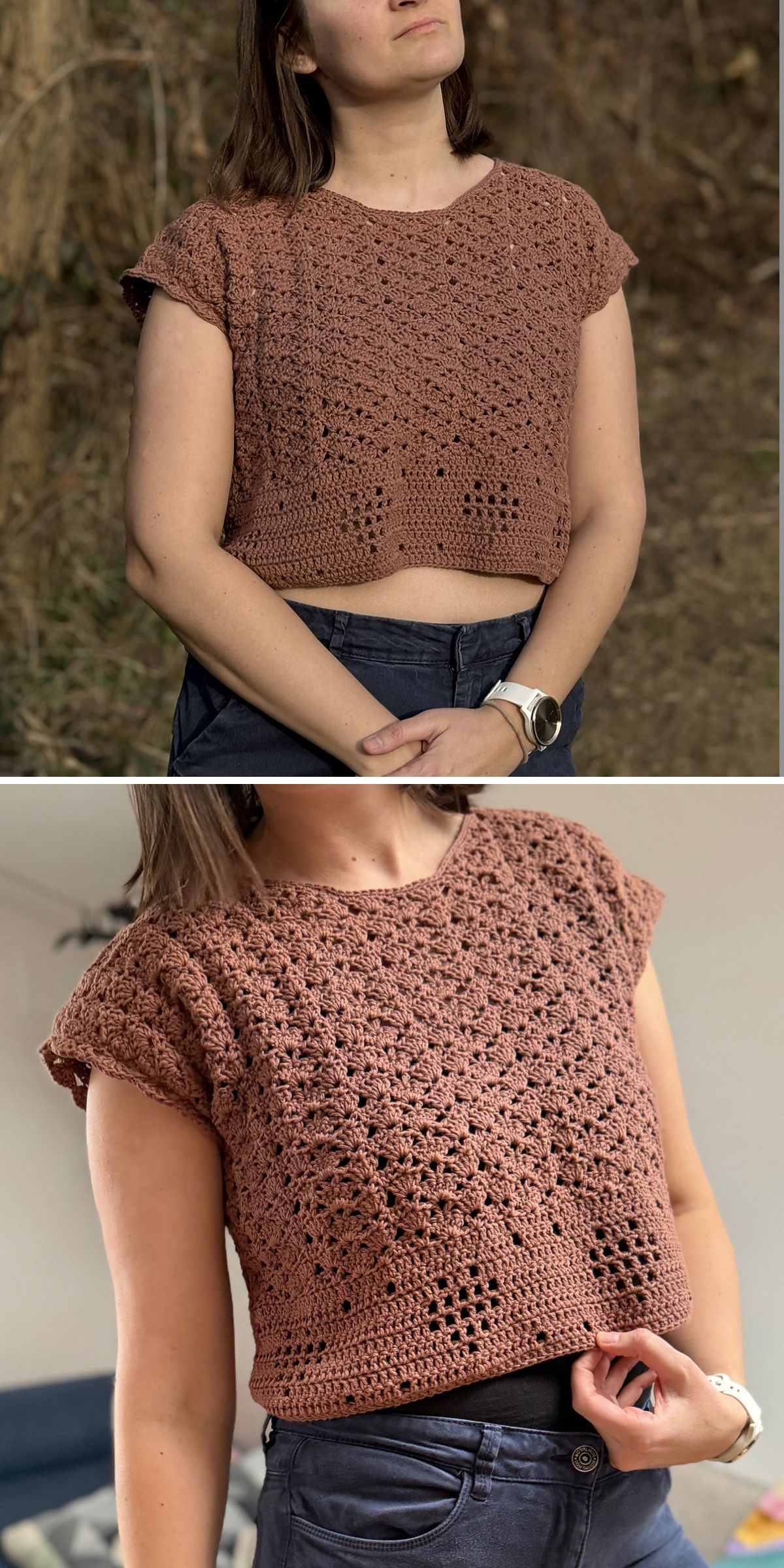 Two photos show a person wearing a short-sleeve, crocheted, brown crop top with a textured pattern. Styled as a chic crochet tee, the top is paired with dark pants in both images.
