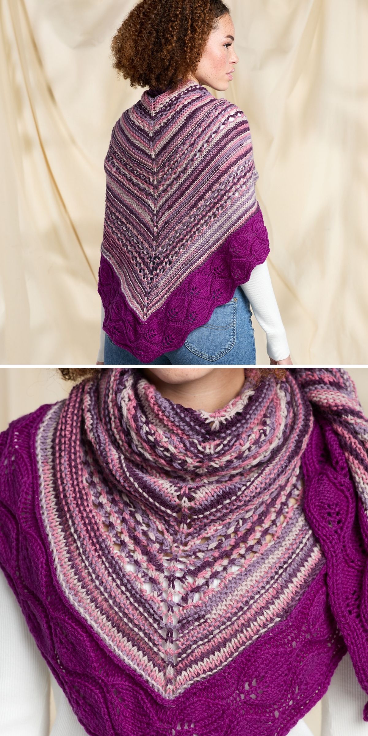 A person wears a knit shawl in a triangular shape, showcasing shades of purple and pink with textured patterns and a delicate scalloped edge.
