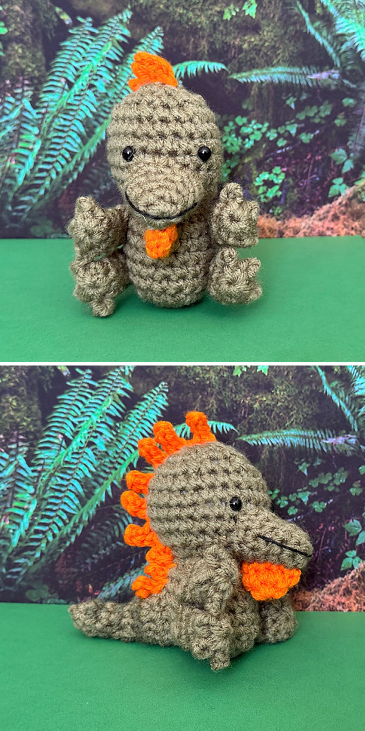 Two photos of a crochet iguana with orange spikes and an orange tongue, posed in front of a backdrop with green foliage and ferns.