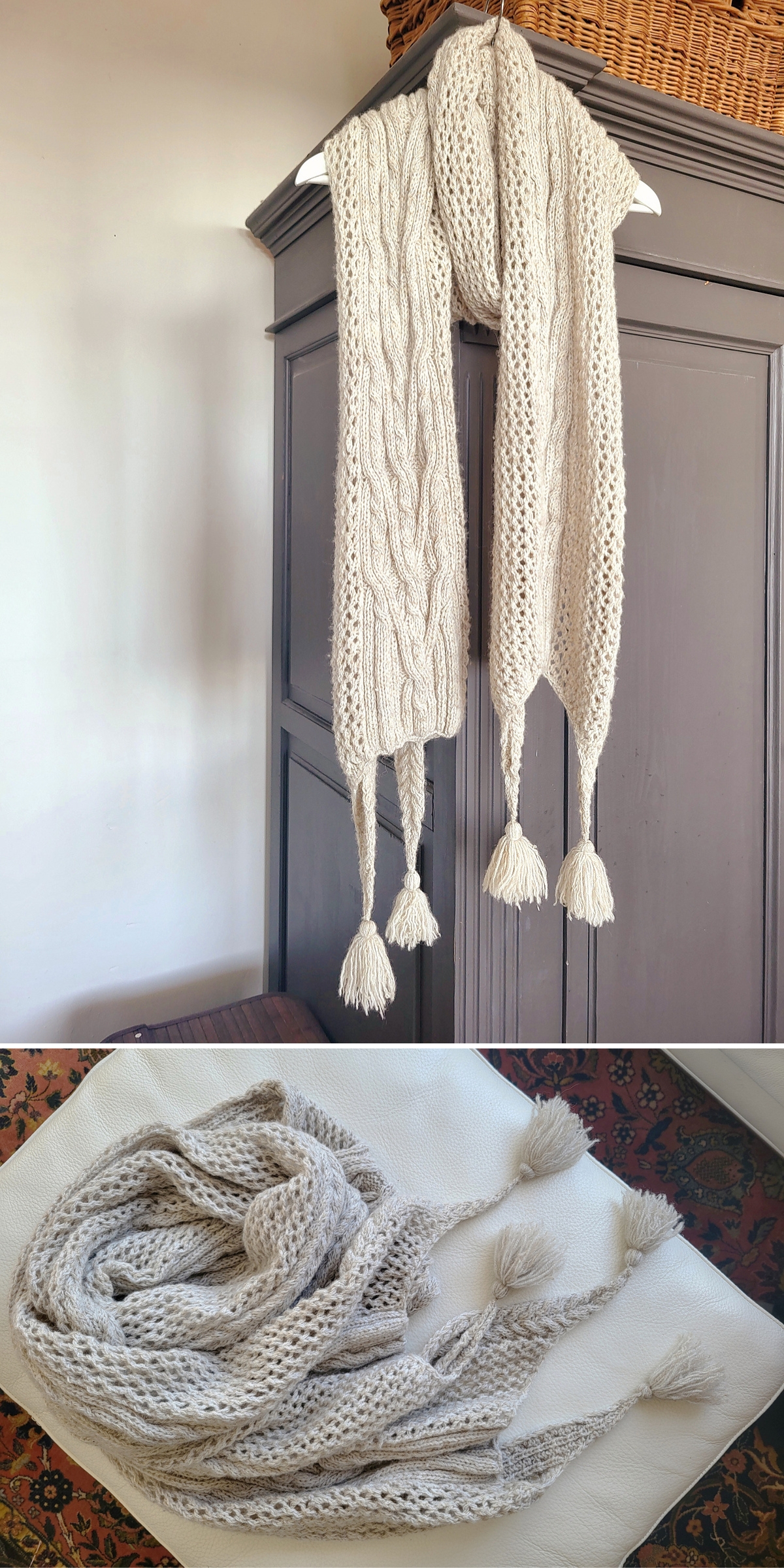 A cream-colored knitted scarf with beautiful cable patterns and tassels, shown hanging on a wardrobe and laid out on a white surface — perfect inspiration for your next knitting project or to explore new knit scarf patterns.