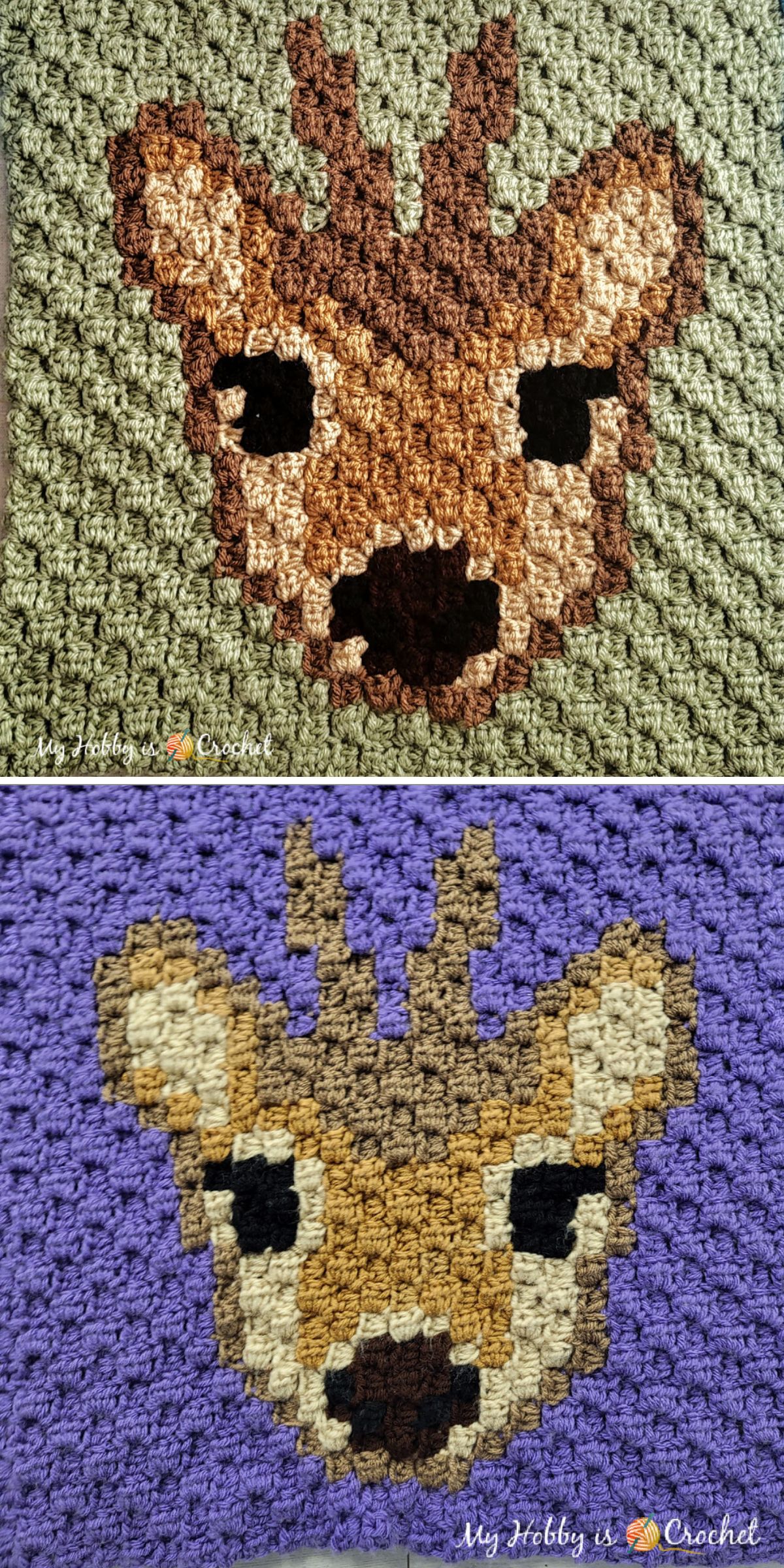 Two crochet c2c squares feature pixel-style deer faces; the top background is green, the bottom is purple. These charming designs highlight creative crochet animal patterns and are perfect for anyone searching for unique crochet square patterns to add to their collection.