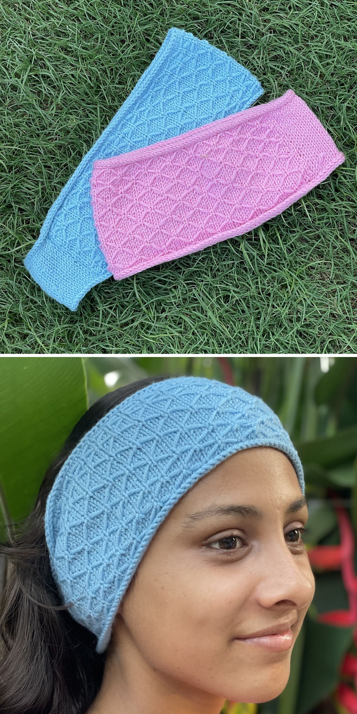 Two knitted headbands, one blue and one pink, are displayed on grass; the lower image shows a person wearing the blue knitted headband outdoors.
