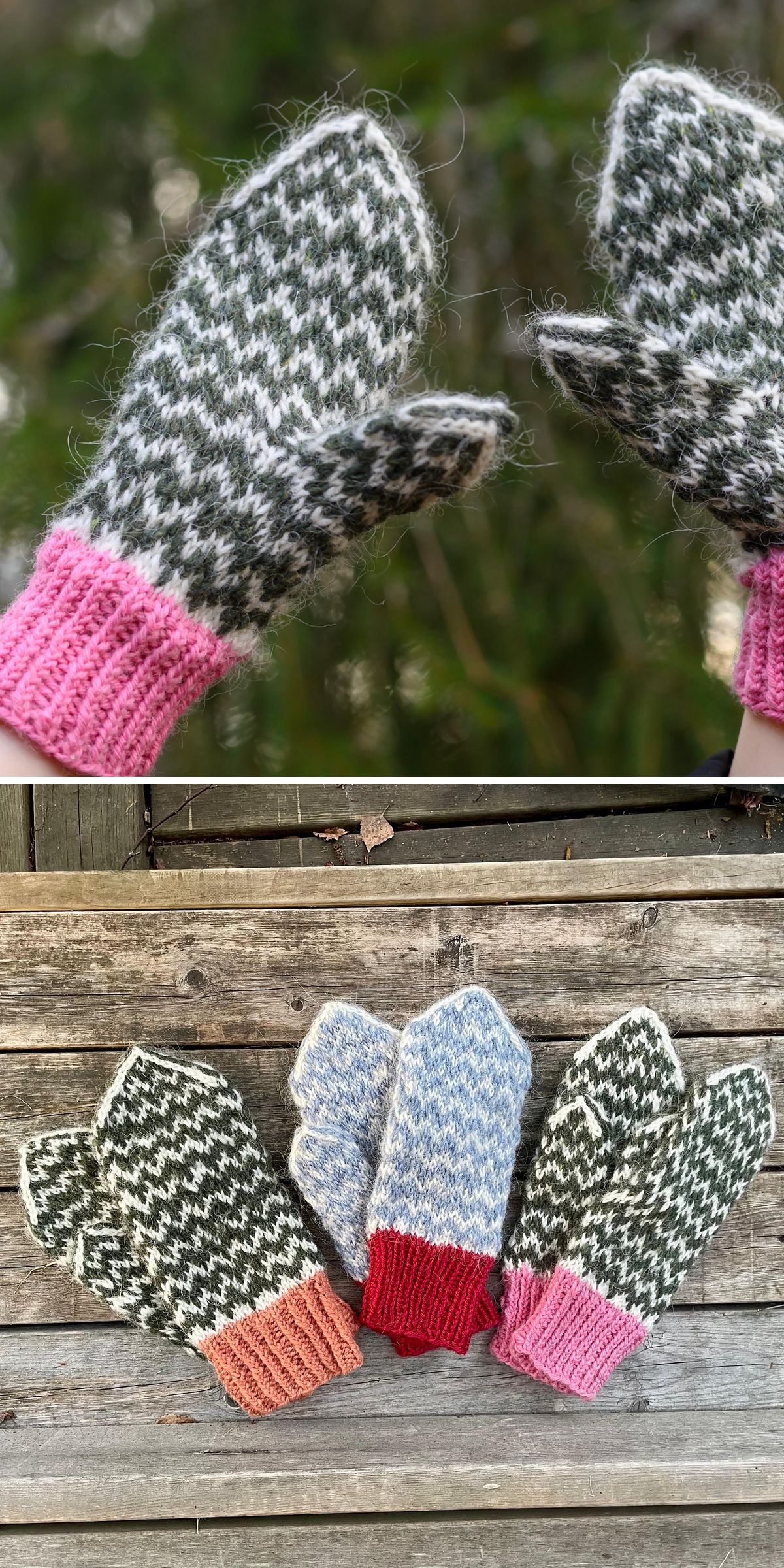 Two photos: The top shows hands wearing gray and white patterned knitted mittens with pink cuffs; the bottom displays three pairs of hand-knit mittens, each featuring different colored cuffs, arranged on a wooden surface.
