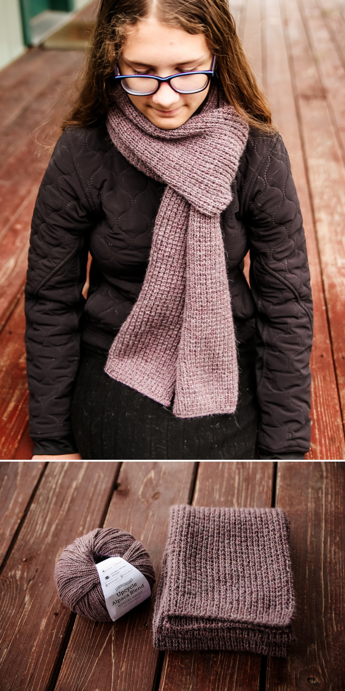 A person wearing glasses and a black jacket sits outside, modeling a cozy knit scarf in ribbed mauve; yarn and the folded knit scarf are shown on a wooden surface.