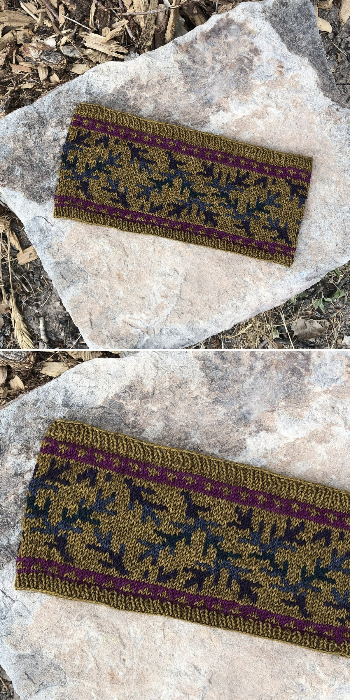 A vibrant knitted headband with a green, purple, and yellow pattern lies on a large, flat rock outdoors.