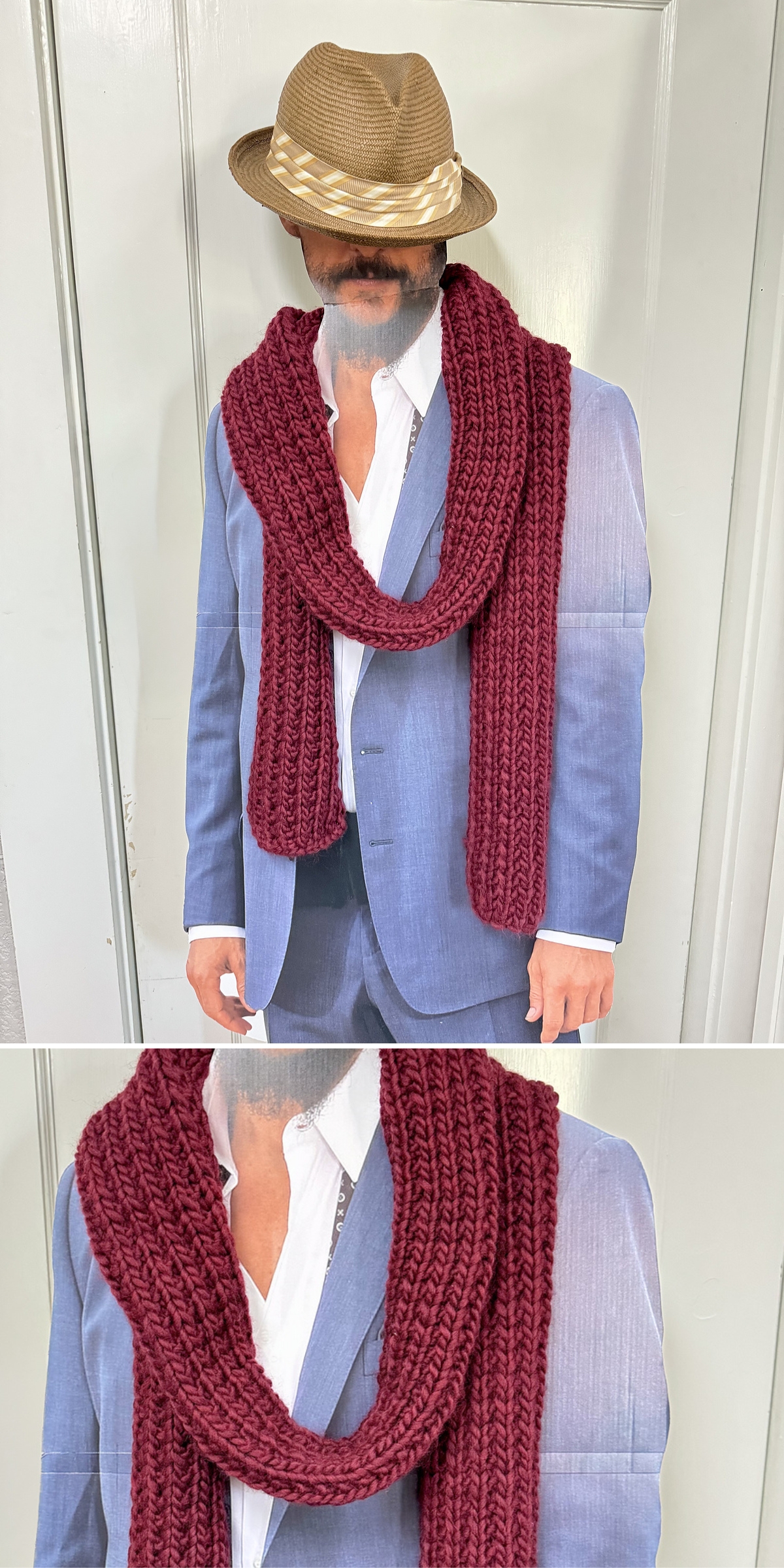 A person in a blue suit, white shirt, and brown hat wears a chunky burgundy knit scarf — perfect inspiration for unique scarf projects — while standing against a light-colored door.