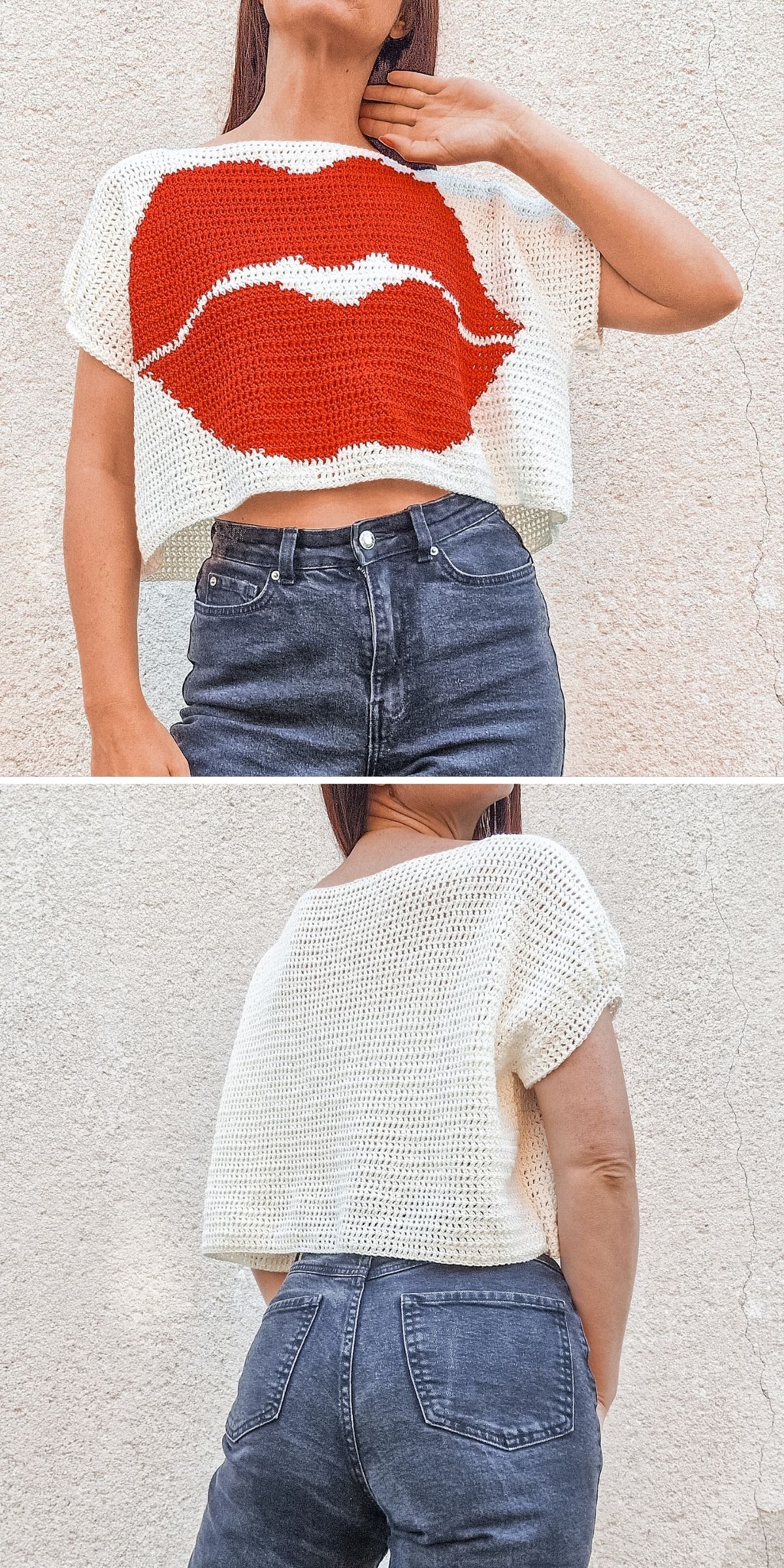 A person wears a white crochet tee featuring a large red lips design on the front, paired with high-waisted blue jeans; the back of the top is plain.