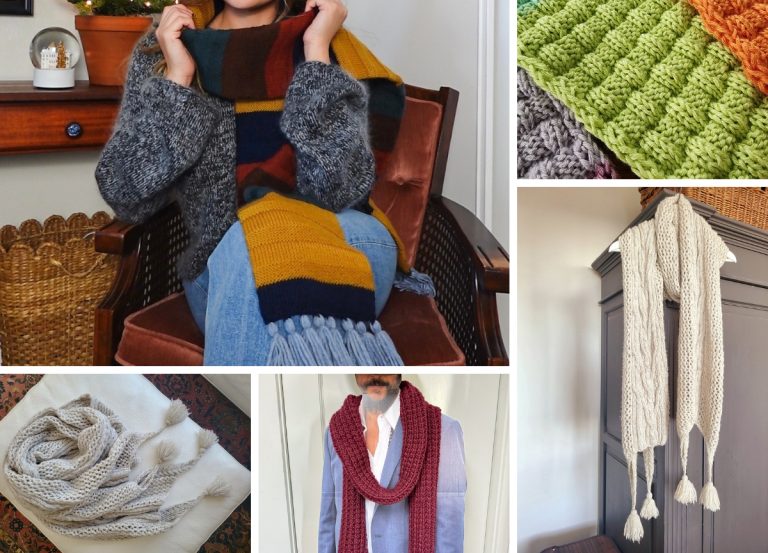 Collage of five knit scarves in various colors and textures, including striped, chunky, ribbed, and tasseled designs, displayed on people, furniture, and folded surfaces — perfect inspiration if you’re casting on your next project or exploring new knit scarf patterns.